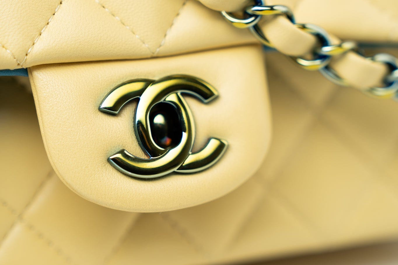 CHANEL Handbag 21P Yellow Lambskin Quilted Mini Rectangular Single Flap Blue Interior / Rainbow Hardware - Redeluxe