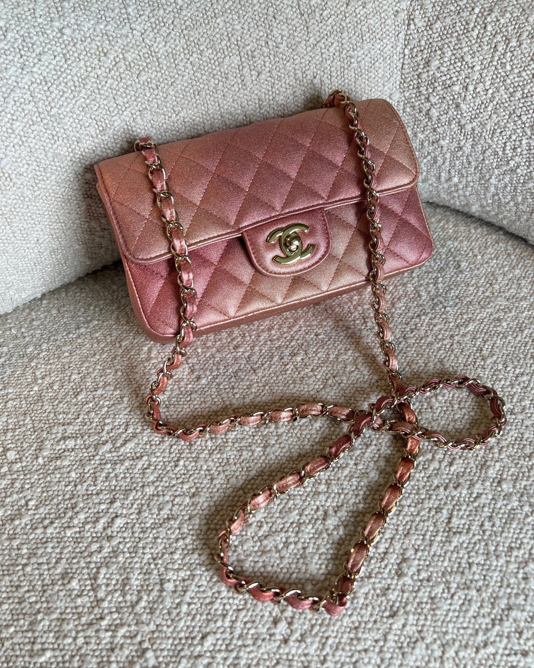 CHANEL Handbag 21S Chanel Metallic Rose Gold Calfskin Quilted Mini Rectangular Single Flap LGHW - Redeluxe