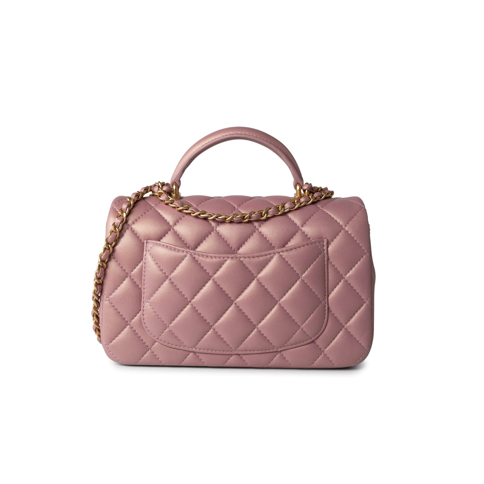 CHANEL Handbag 21S Iridescent Pink/ Rose Lambskin Quilted Mini Top Handle Antique Gold Hardware - Redeluxe