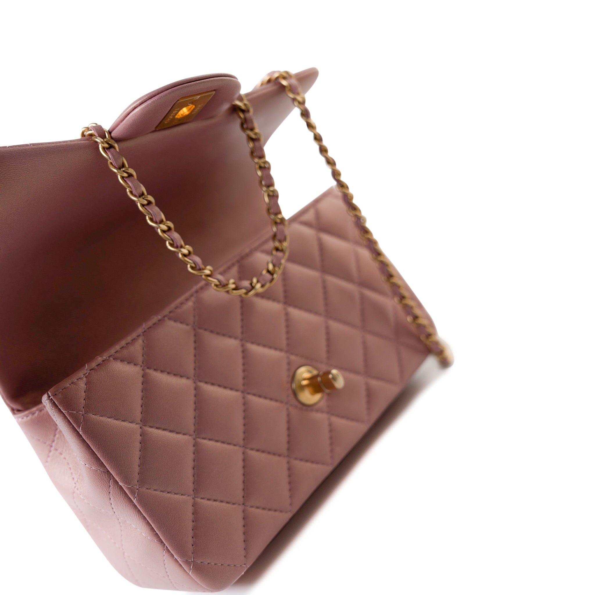 CHANEL Handbag 21S Iridescent Pink/ Rose Lambskin Quilted Mini Top Handle Antique Gold Hardware - Redeluxe