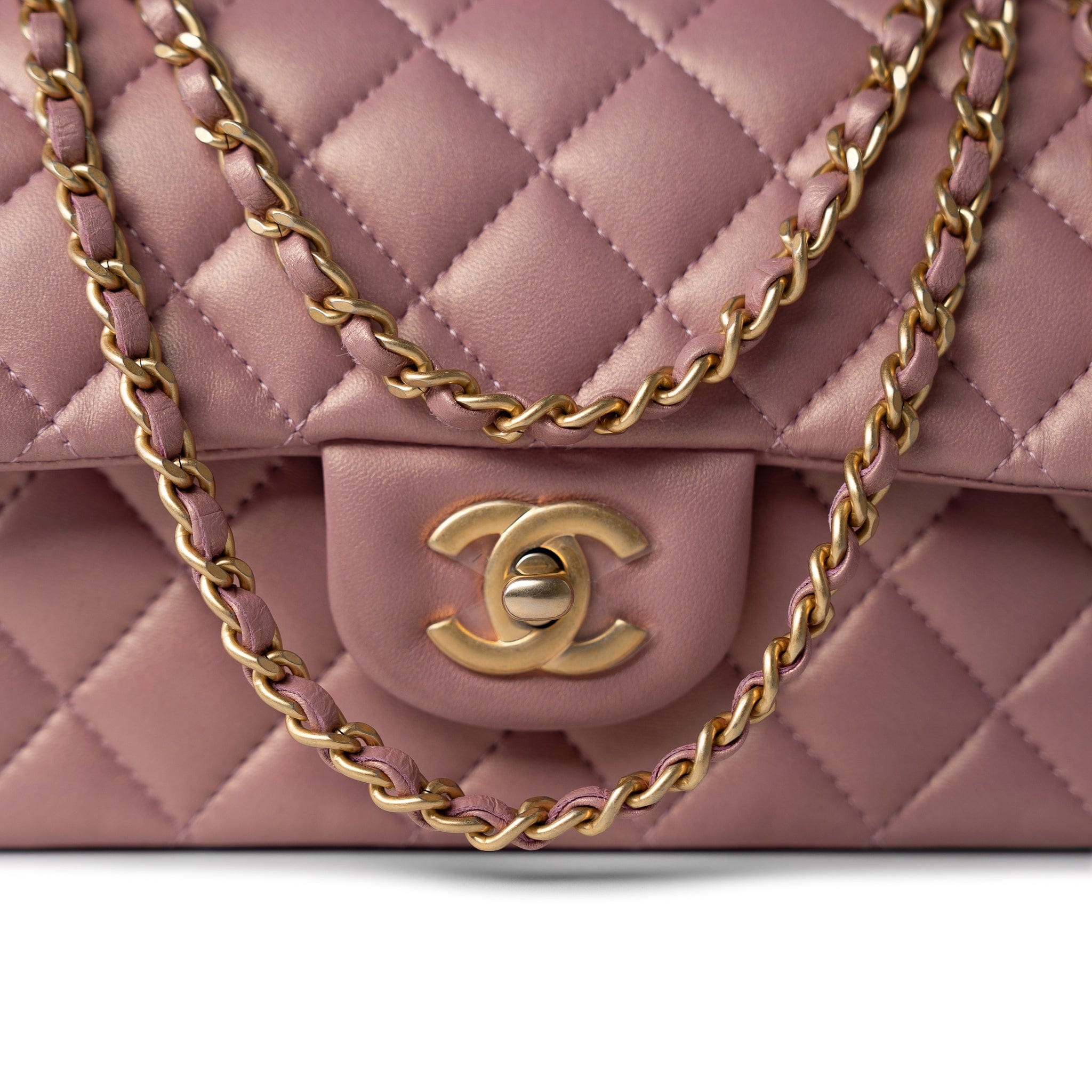 CHANEL Handbag 21S Iridescent Pink/ Rose Lambskin Quilted Mini Top Handle Antique Gold Hardware - Redeluxe