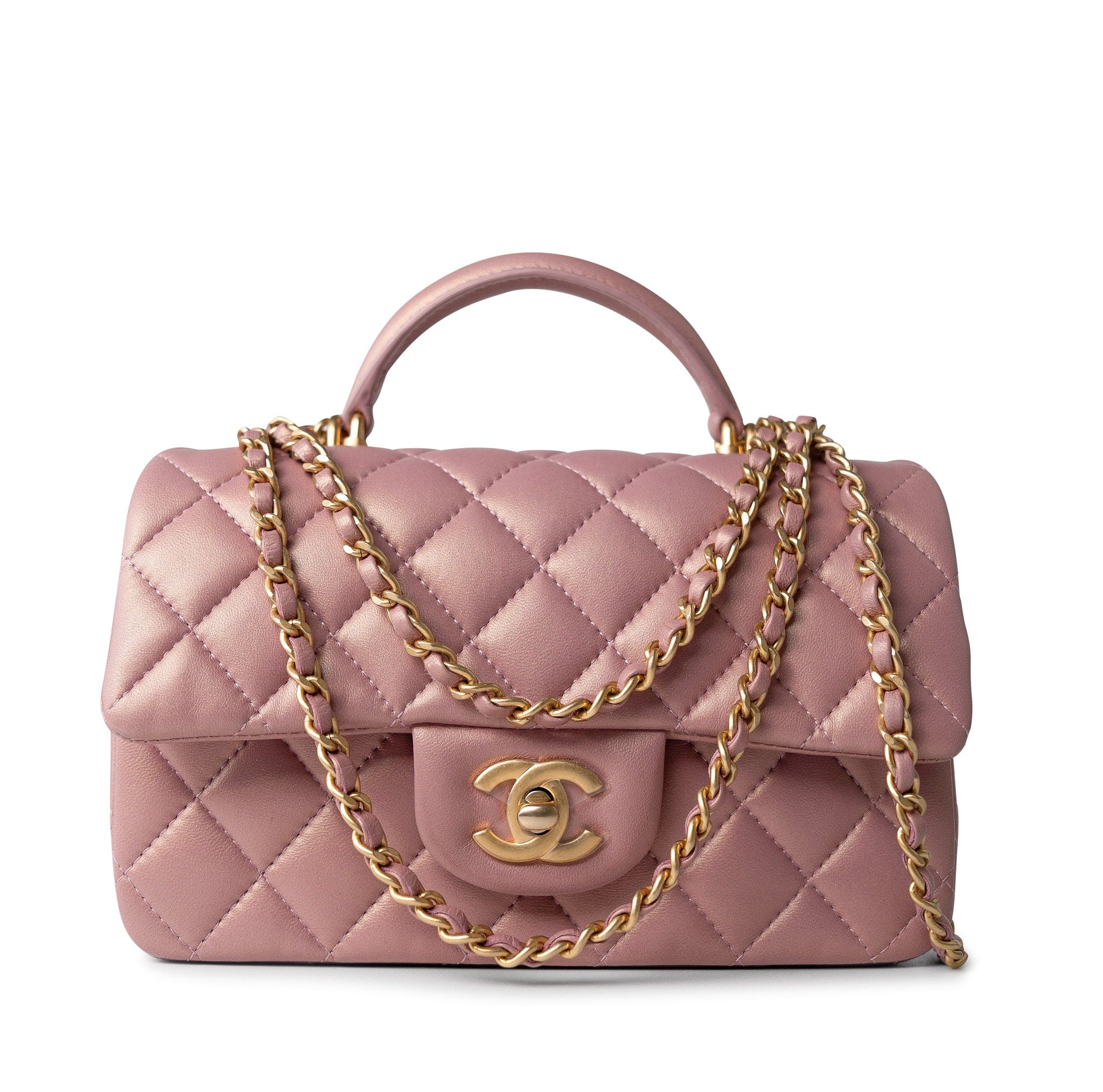 CHANEL Handbag 21S Iridescent Pink/ Rose Lambskin Quilted Mini Top Handle Antique Gold Hardware - Redeluxe