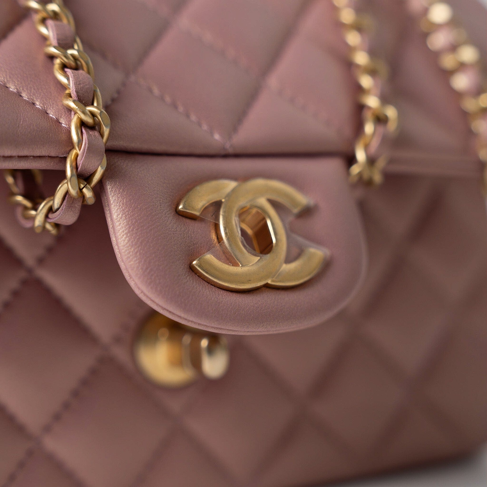 CHANEL Handbag 21S Iridescent Pink/ Rose Lambskin Quilted Mini Top Handle Antique Gold Hardware - Redeluxe