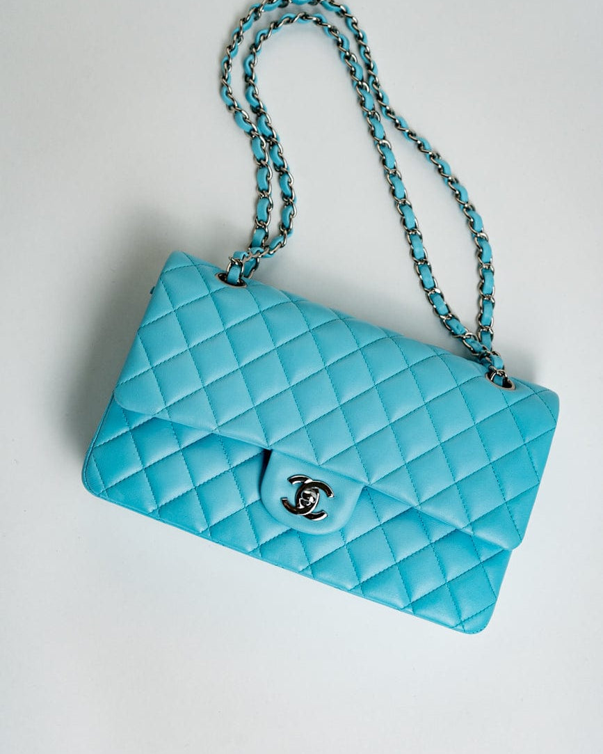 CHANEL Handbag 21S Neon Blue Lambskin Quilted Classic Flap Medium SHW - Redeluxe