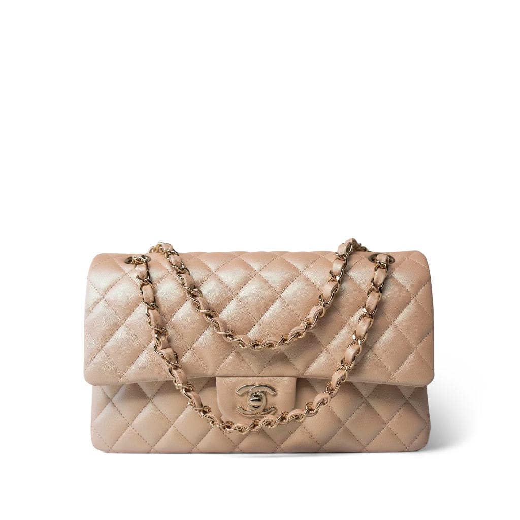 CHANEL Handbag 21S Pearly Beige Calfskin Quilted Classic Double Flap Light Gold Hardware - Redeluxe