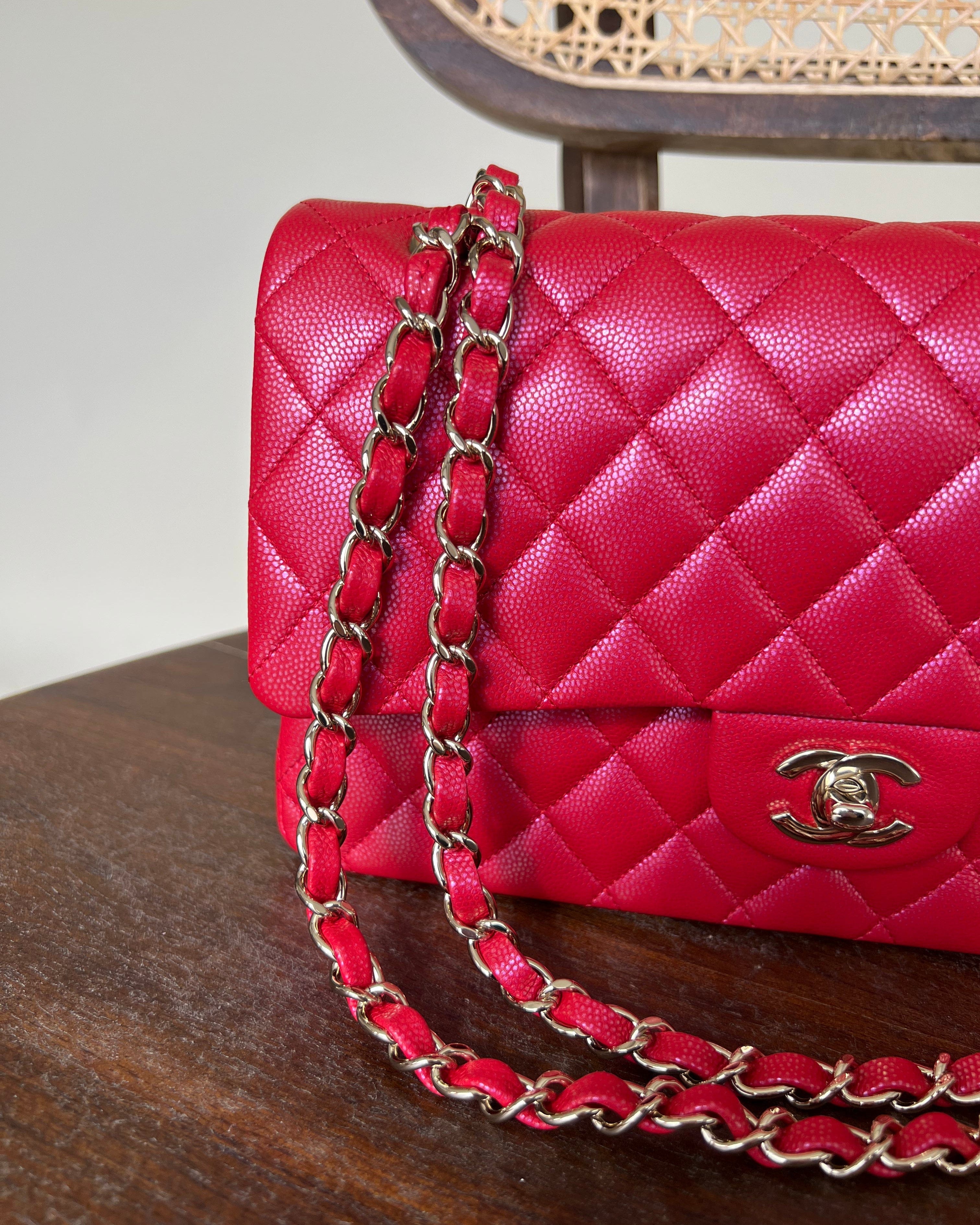 Chanel Handbag 21S Red Iridescent Caviar Quilted Classic Flap Medium - Redeluxe