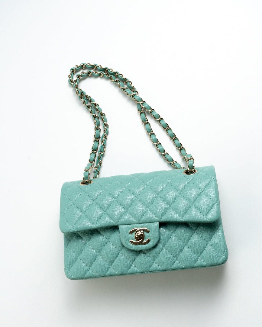 CHANEL Handbag 21S Tiffany Blue Caviar Quilted Classic Flap Small SHW - Redeluxe