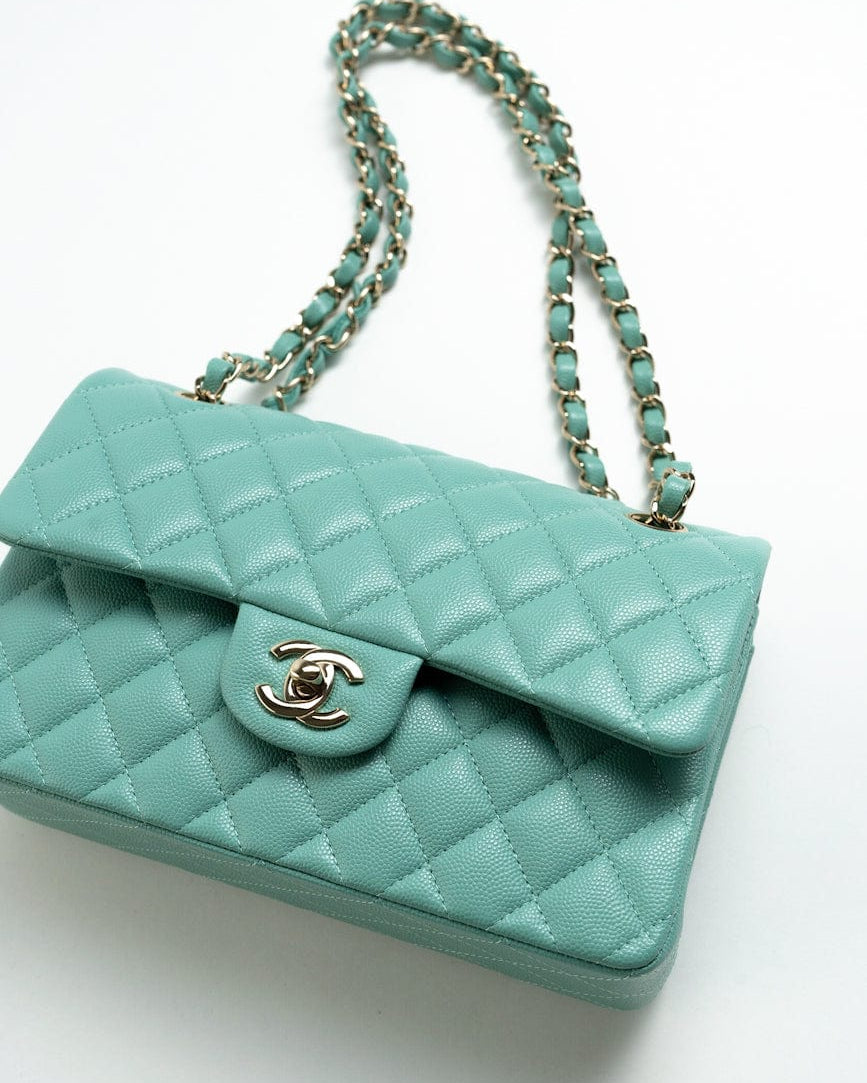 CHANEL Handbag 21S Tiffany Blue Caviar Quilted Classic Flap Small SHW - Redeluxe