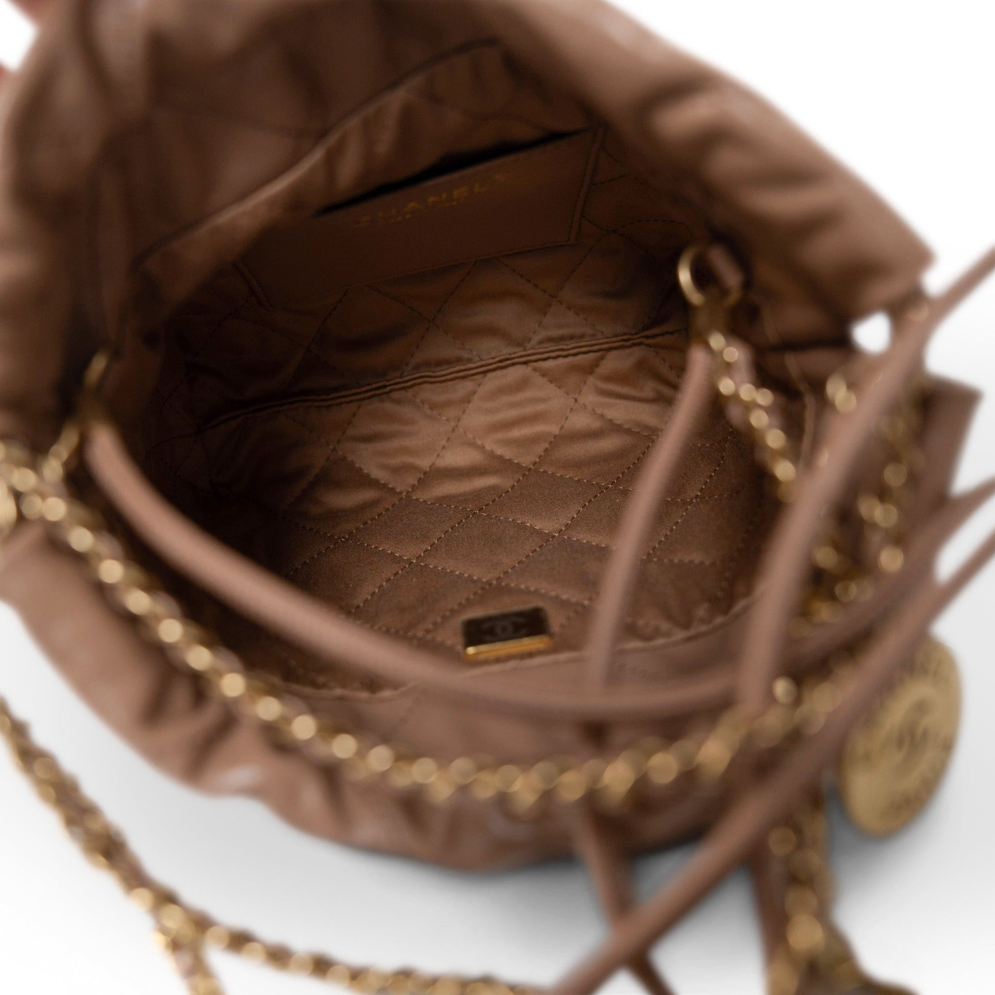 CHANEL Handbag 22 / Beige Dark Beige Calfskin Quilted Mini 22 Hobo Bag Antique Gold Hardware - Redeluxe