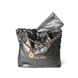 CHANEL Handbag 22 / Grey 22A Metallic Dark Grey Medium 22 Calfskin Quilted Hobo Bag Antique Gold Hardware - Redeluxe