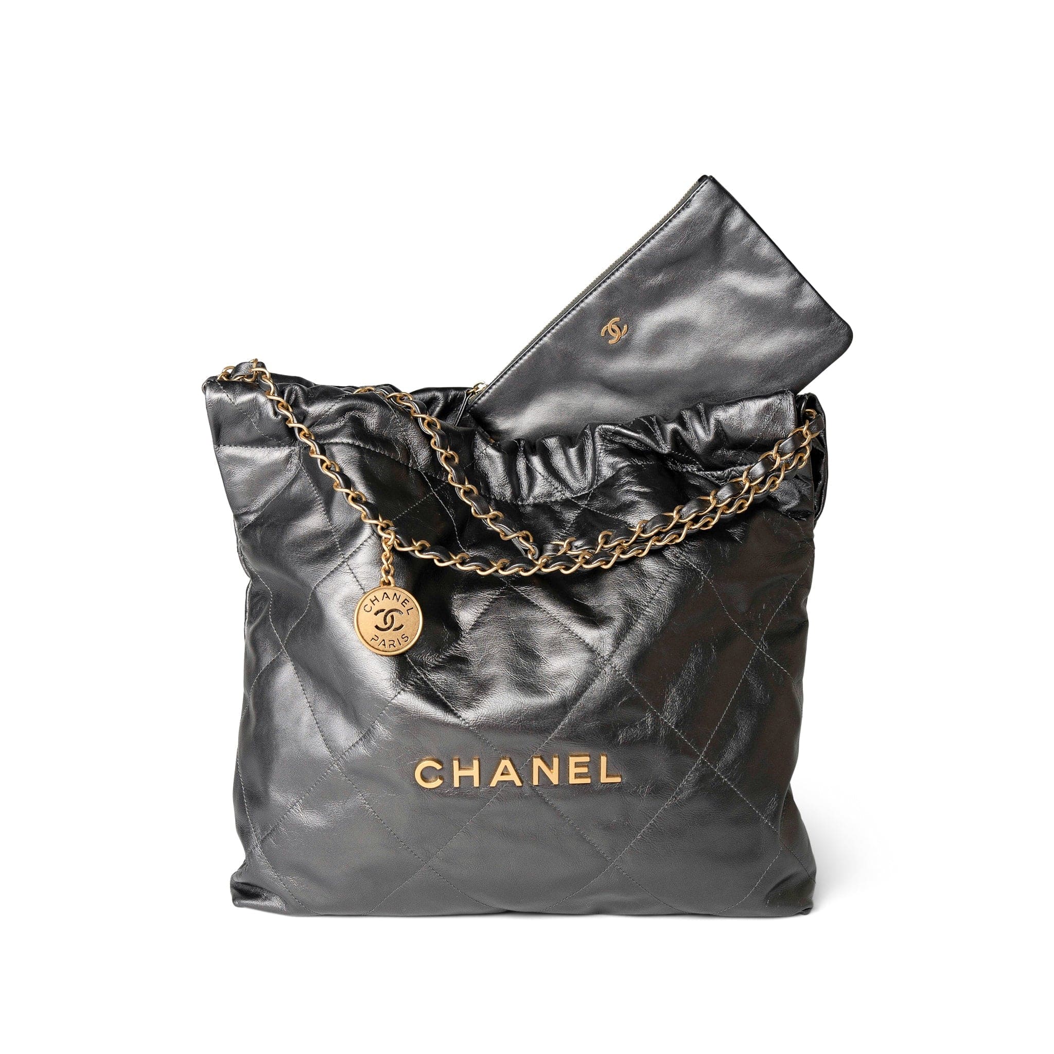 CHANEL Handbag 22 / Grey 22A Metallic Dark Grey Medium 22 Calfskin Quilted Hobo Bag Antique Gold Hardware - Redeluxe