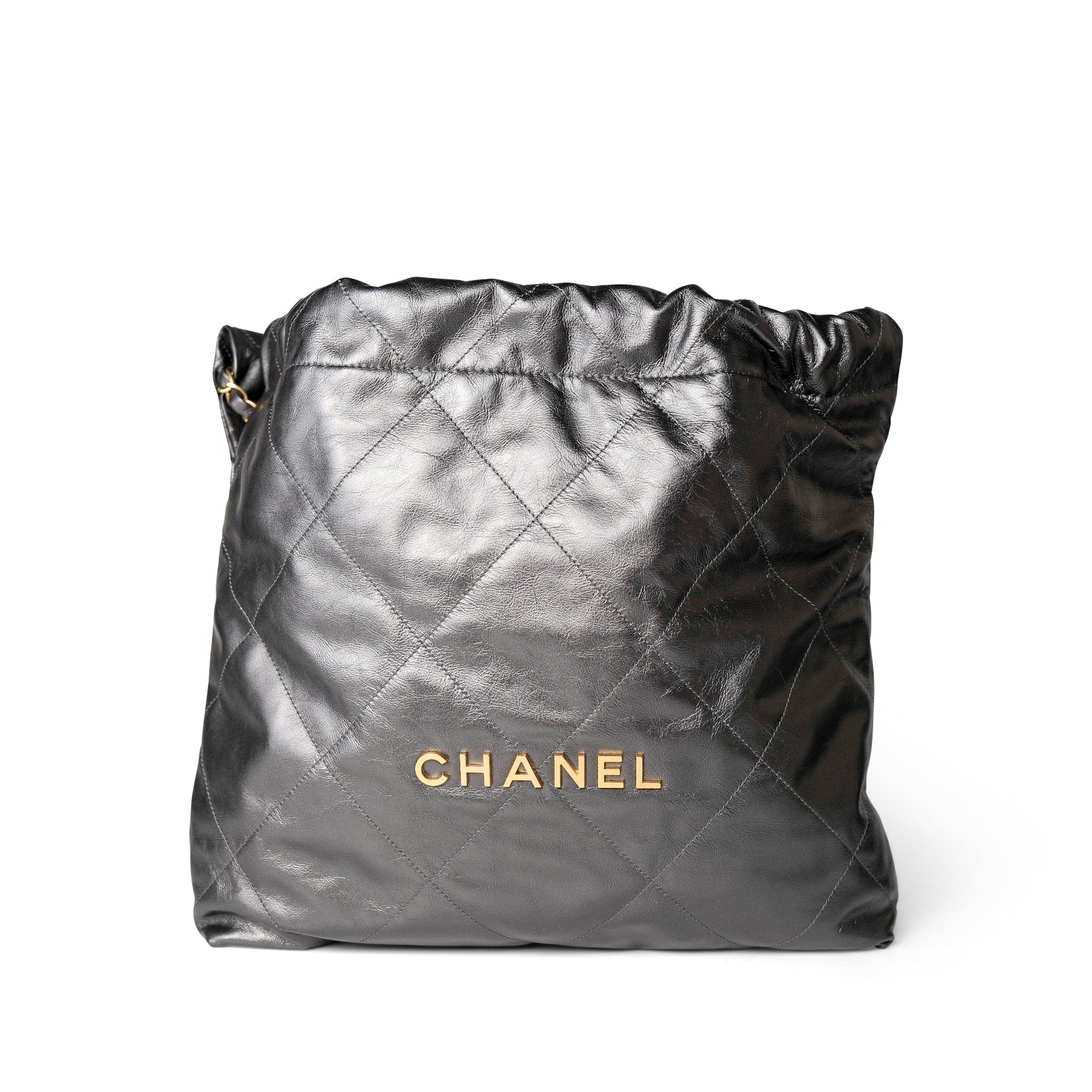 CHANEL Handbag 22 / Grey 22A Metallic Dark Grey Medium 22 Calfskin Quilted Hobo Bag Antique Gold Hardware - Redeluxe