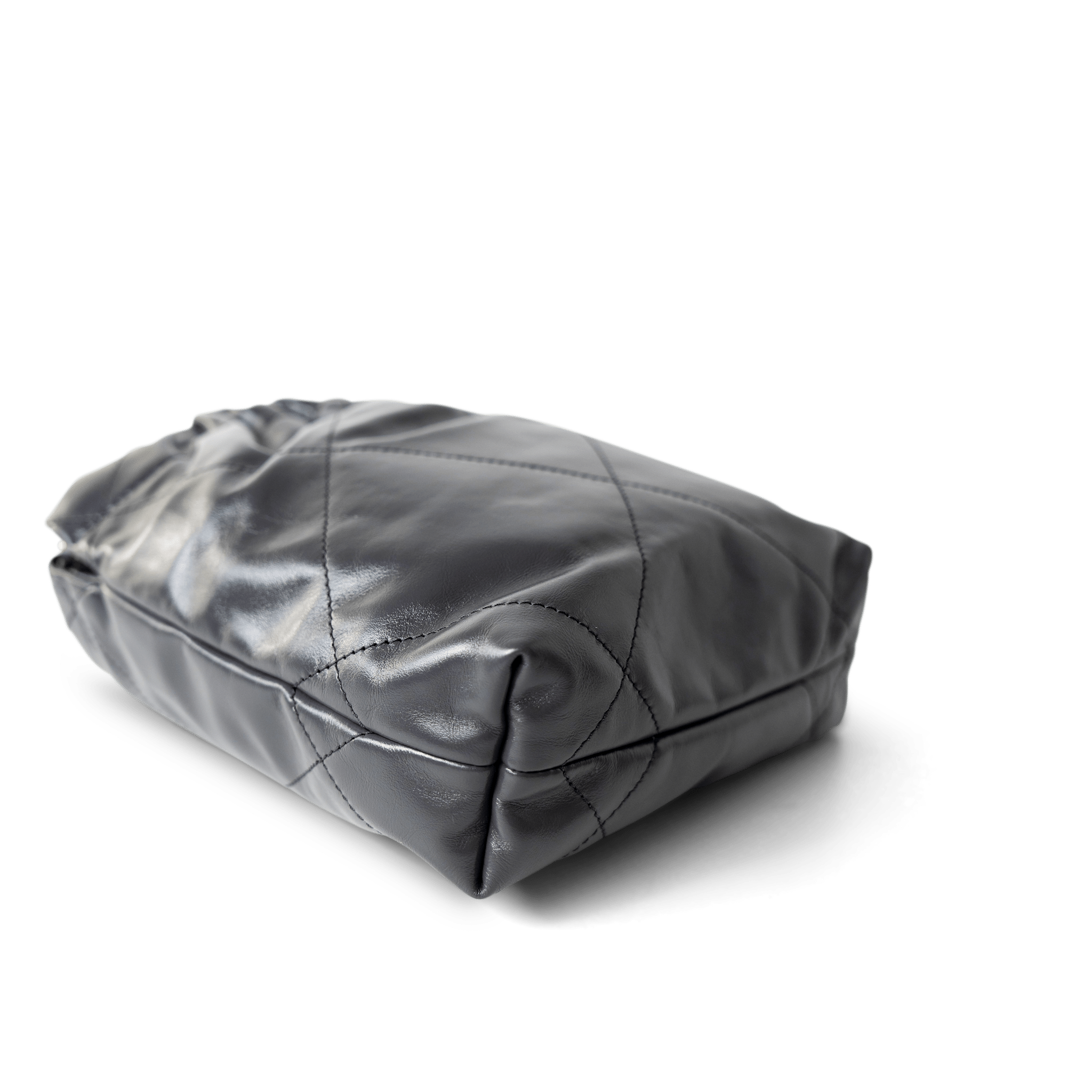 CHANEL Handbag 22 / Grey 23B Dark Grey Calfskin Quilted Mini 22 Bag Antique Gold Hardware - Redeluxe