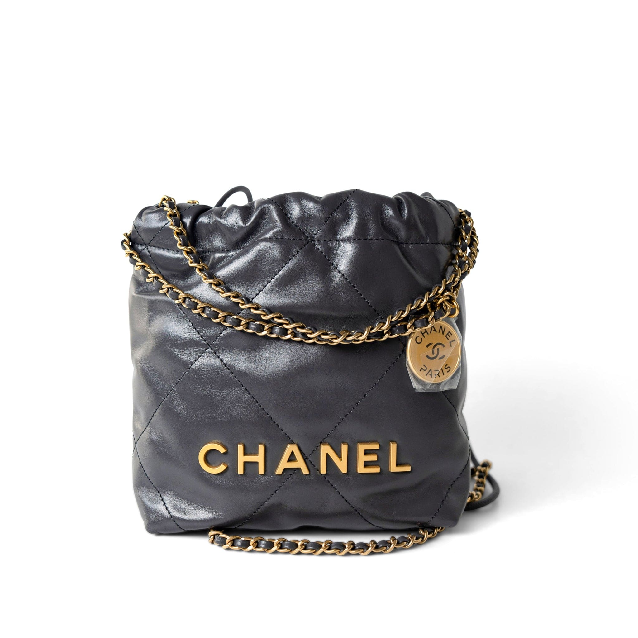 CHANEL Handbag 22 / Grey 23B Dark Grey Calfskin Quilted Mini 22 Bag Antique Gold Hardware - Redeluxe