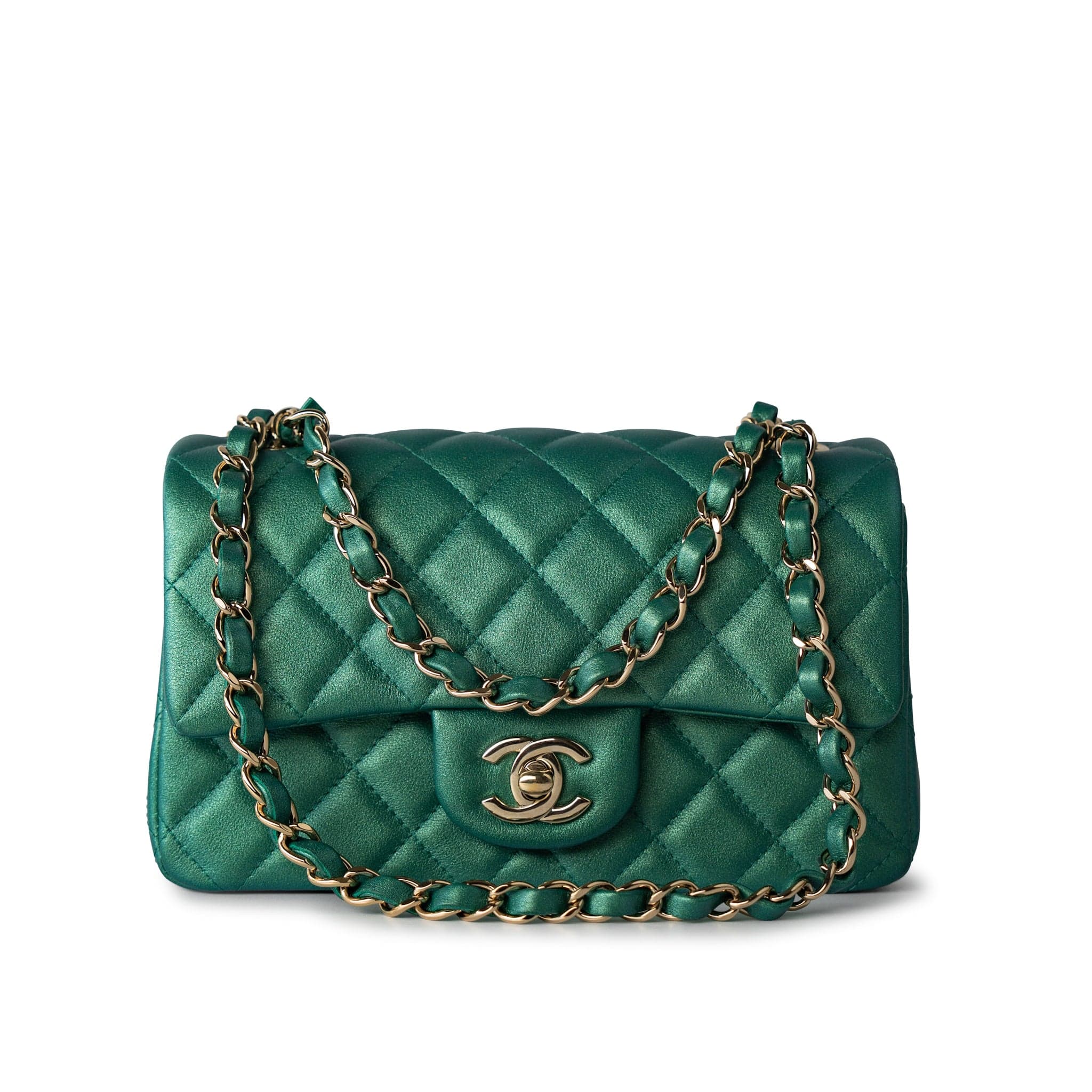 CHANEL Handbag 22A Iridescent Green Lambskin Quilted Mini Rectangular Single Flap Light Gold Hardware - Redeluxe