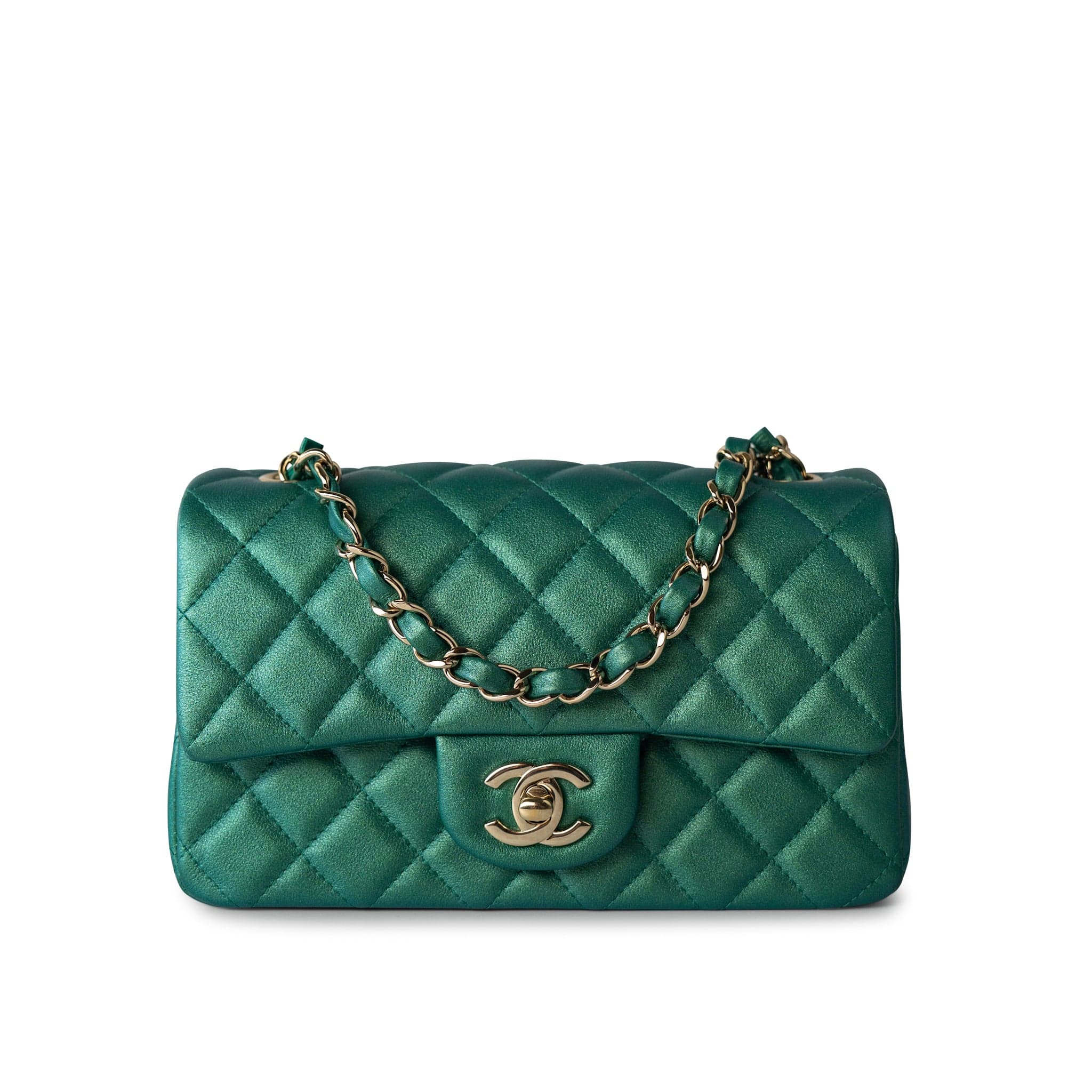 CHANEL Handbag 22A Iridescent Green Lambskin Quilted Mini Rectangular Single Flap Light Gold Hardware - Redeluxe