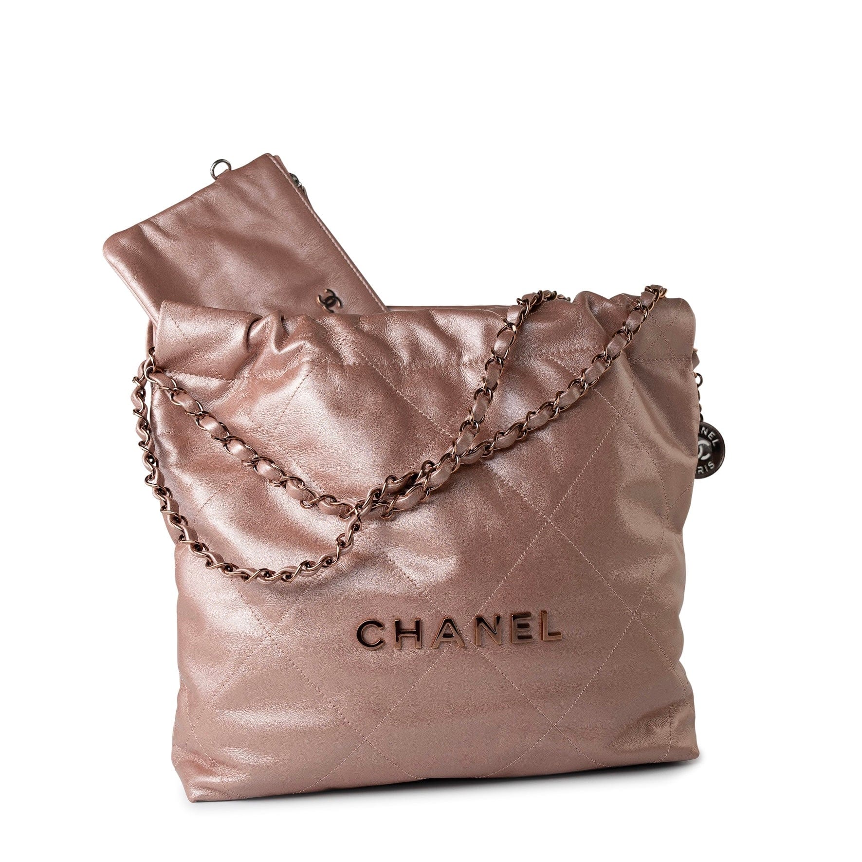 CHANEL Handbag 22A Metallic Pink / Rose Calfskin Quilted 22 Bag Drawstring Bag Small Rose Gold Hardware - Redeluxe