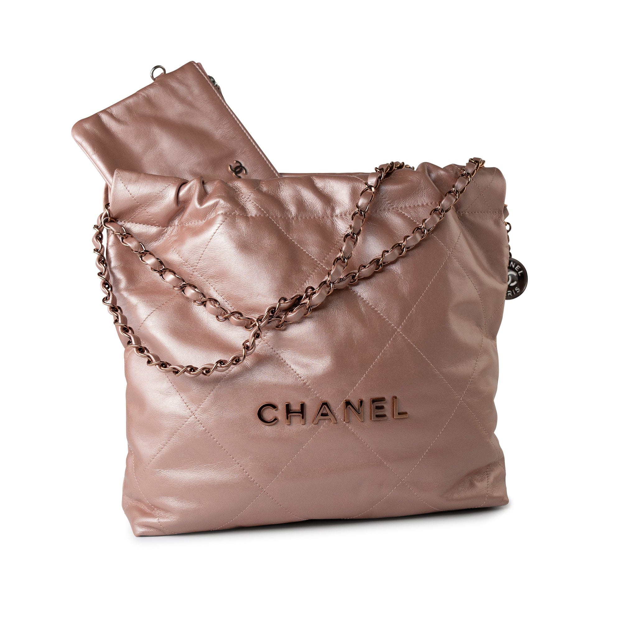 CHANEL Handbag 22A Metallic Pink / Rose Calfskin Quilted 22 Bag Drawstring Bag Small Rose Gold Hardware - Redeluxe