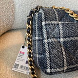 CHANEL Handbag 22A Navy Blue Ecru Tweed Quilted 19 Flap Small Mixed Hardware - Redeluxe