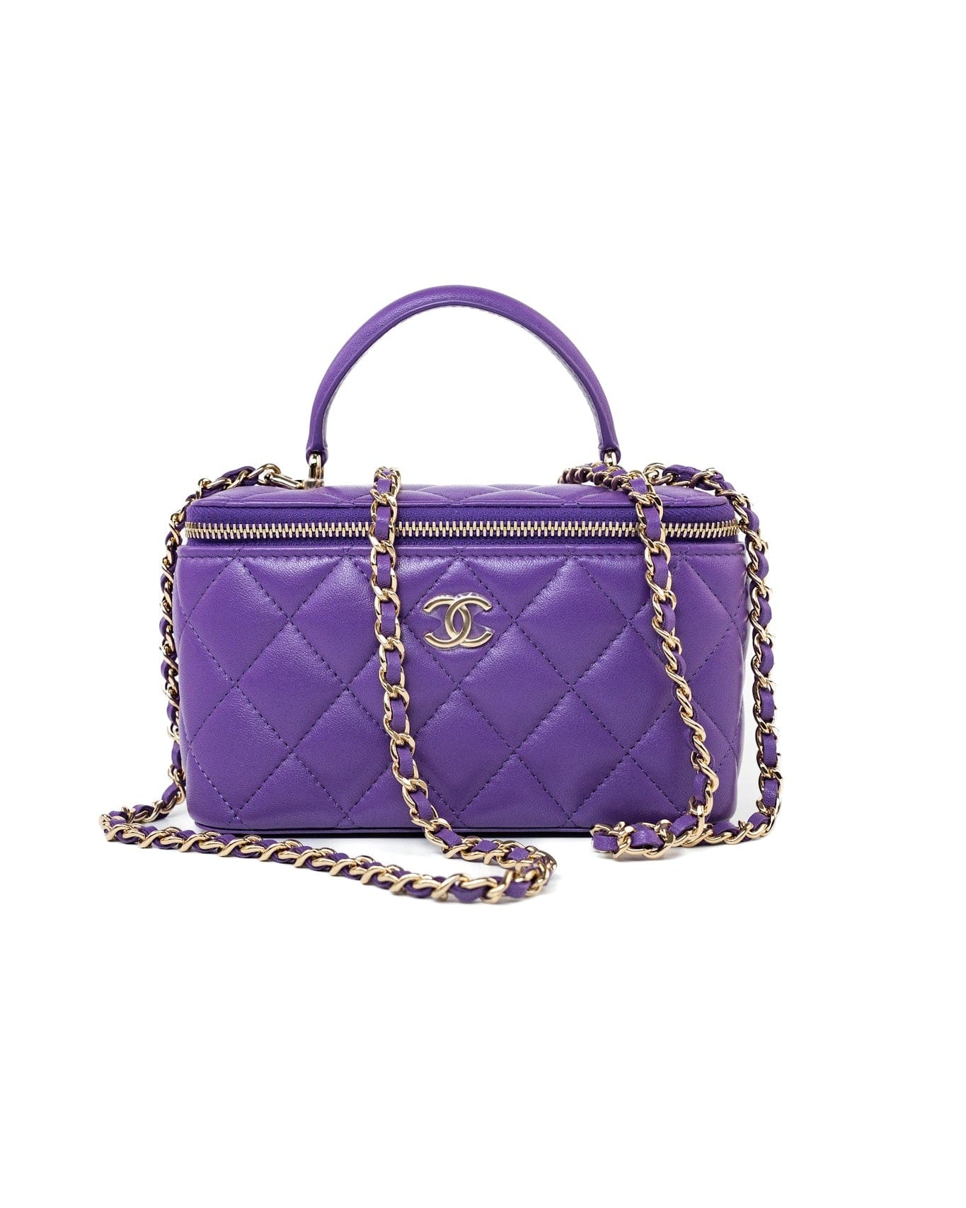 CHANEL Handbag 22A Purple Lambskin Quilted Vanity Case w/ Mirror Light Gold Hardware - Redeluxe