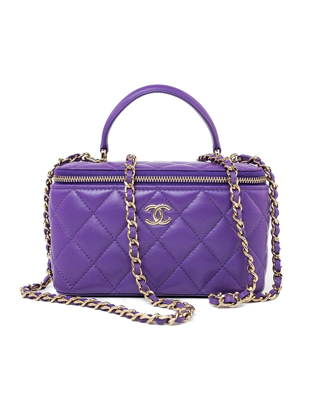 CHANEL Handbag 22A Purple Lambskin Quilted Vanity Case w/ Mirror Light Gold Hardware - Redeluxe