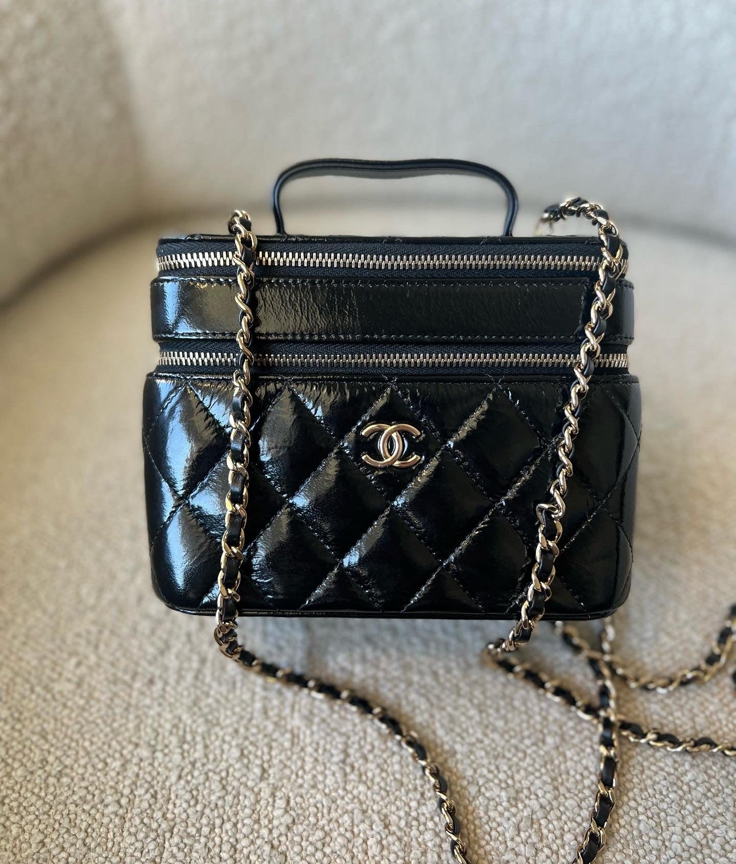 CHANEL Handbag 22B Black Shiny Lambskin Vanity with Chain LGHW - Redeluxe