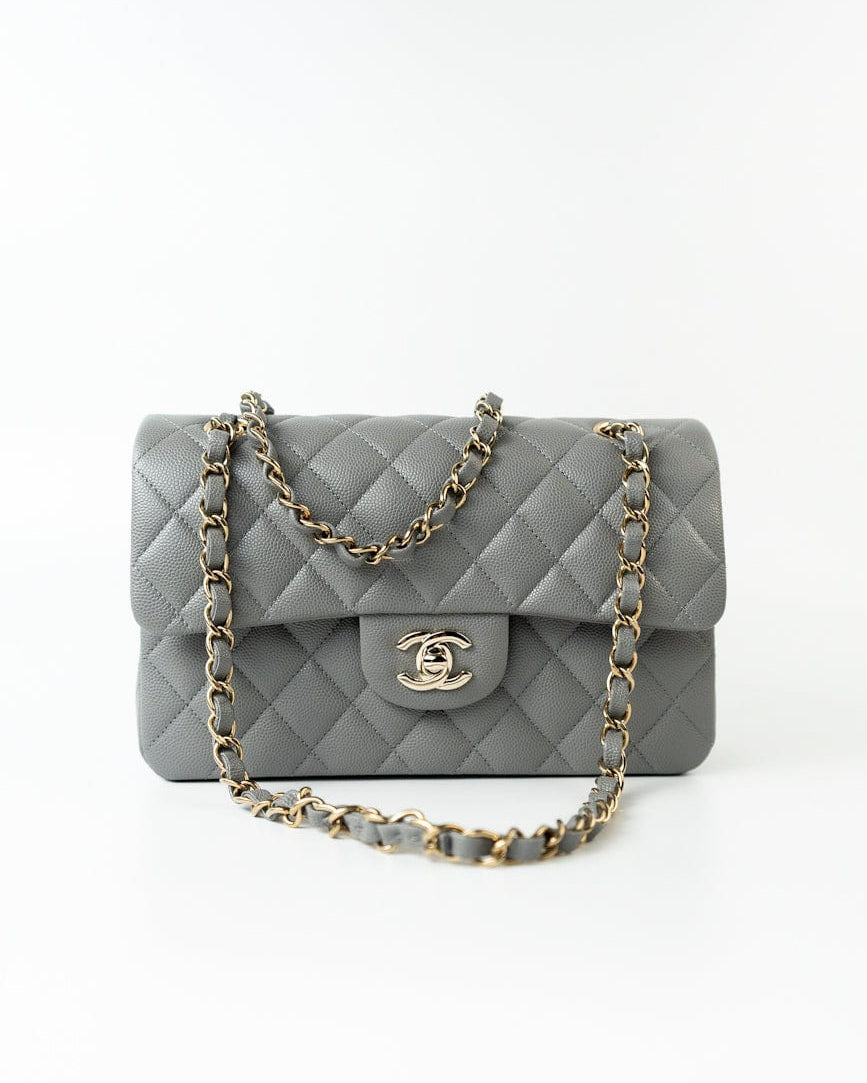 CHANEL Handbag 22B Grey Caviar Quilted Classic Flap Small Light Gold Hardware - Redeluxe