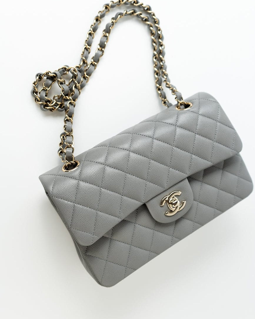 CHANEL Handbag 22B Grey Caviar Quilted Classic Flap Small Light Gold Hardware - Redeluxe