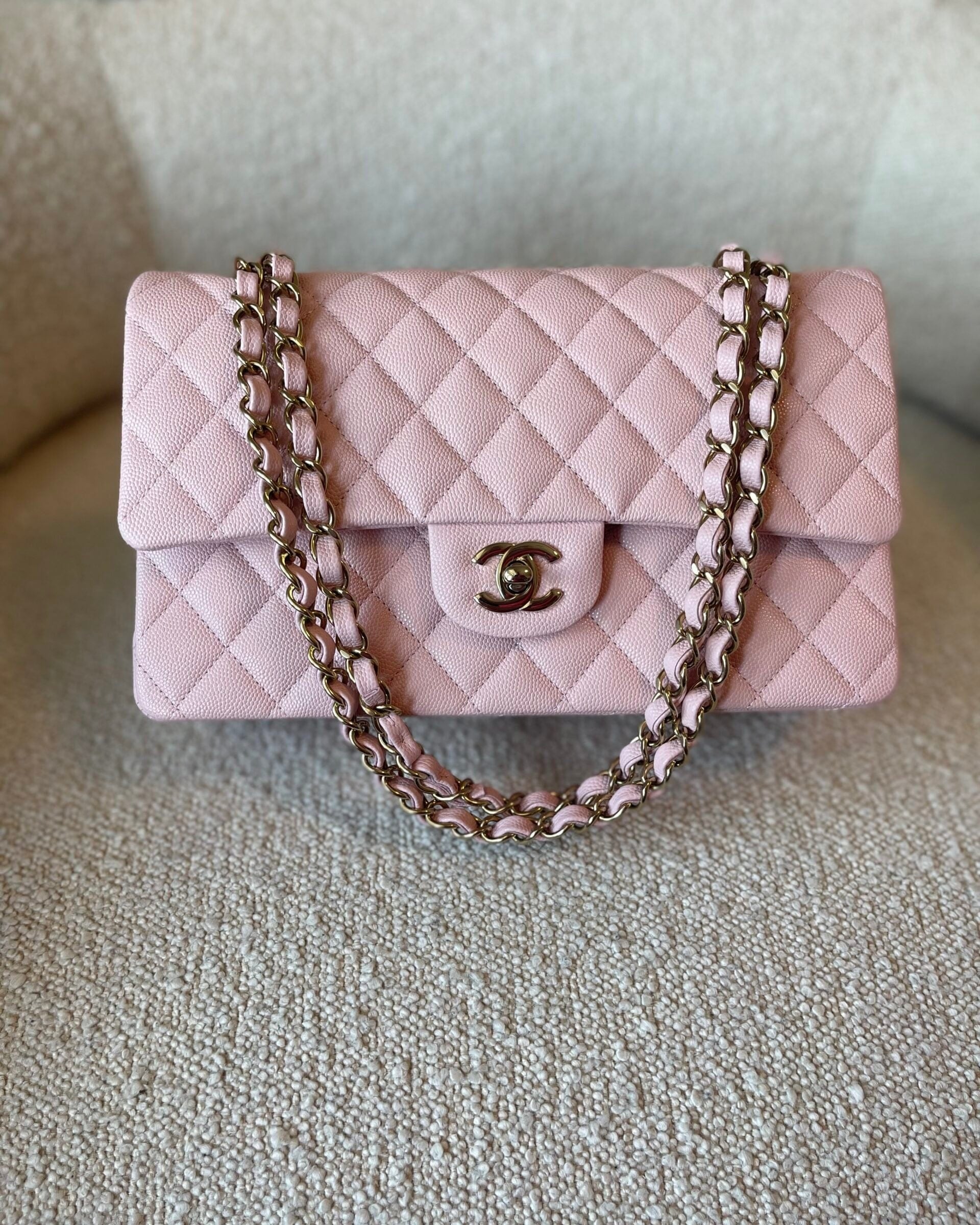 CHANEL Handbag 22B Rose Claire/ light pink Caviar Quilted Classic Double Flap Medium Light Gold Hardware - Redeluxe