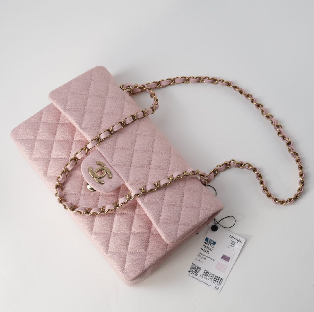 CHANEL Handbag 22B Rose Claire/ light pink Caviar Quilted Classic Double Flap Medium Light Gold Hardware - Redeluxe