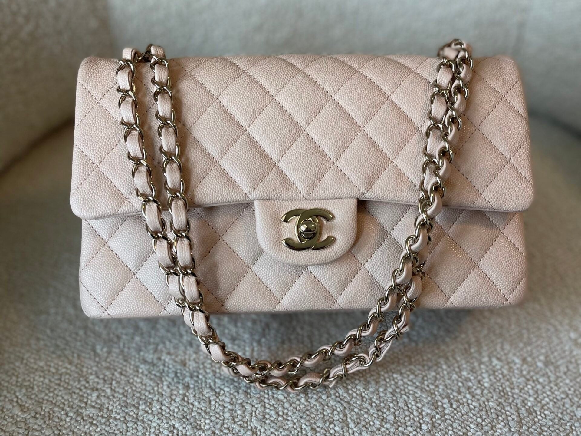 CHANEL Handbag 22C Light Beige Caviar Quilted Classic Flap Medium LGHW - Redeluxe