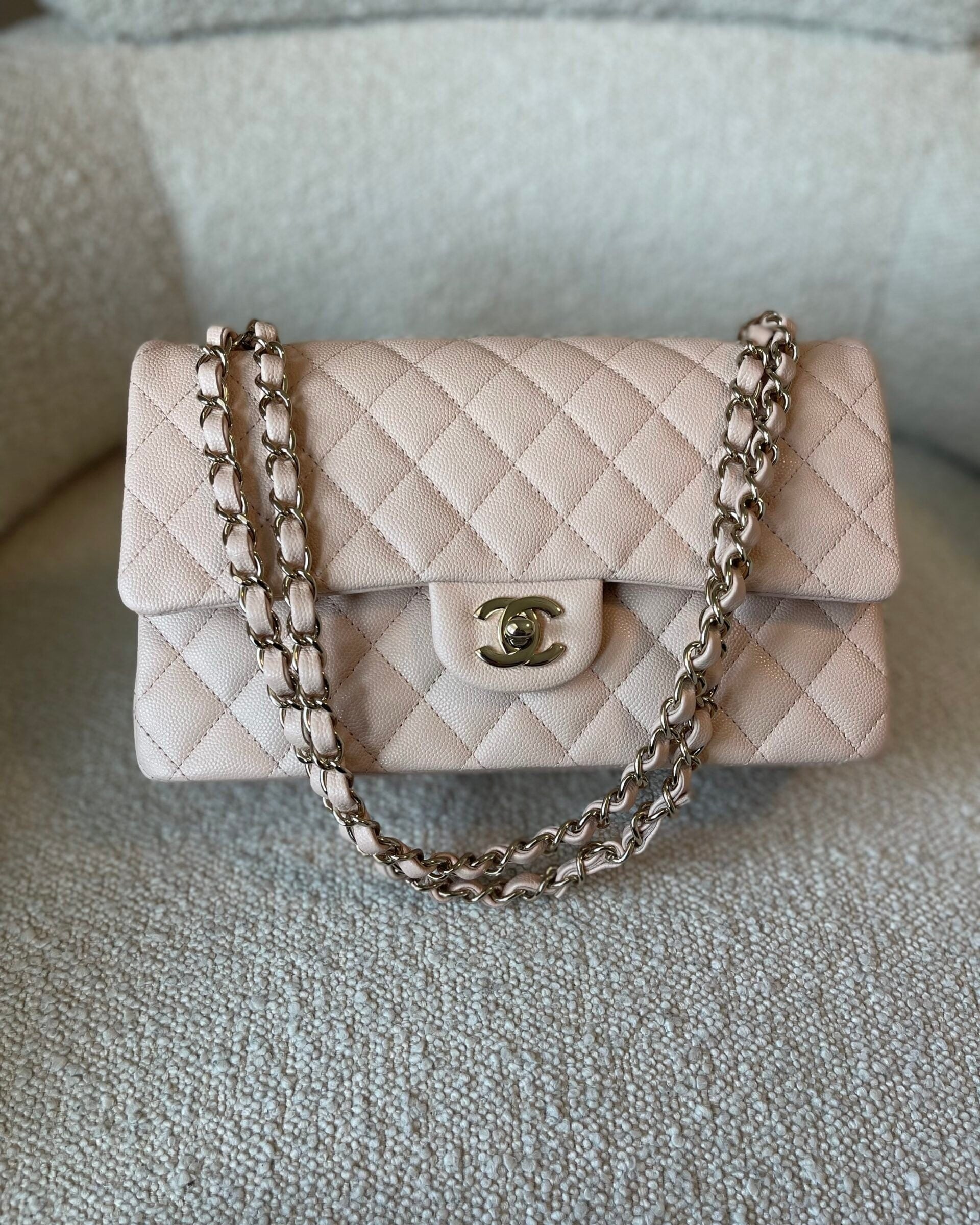 CHANEL Handbag 22C Light Beige Caviar Quilted Classic Flap Medium LGHW - Redeluxe