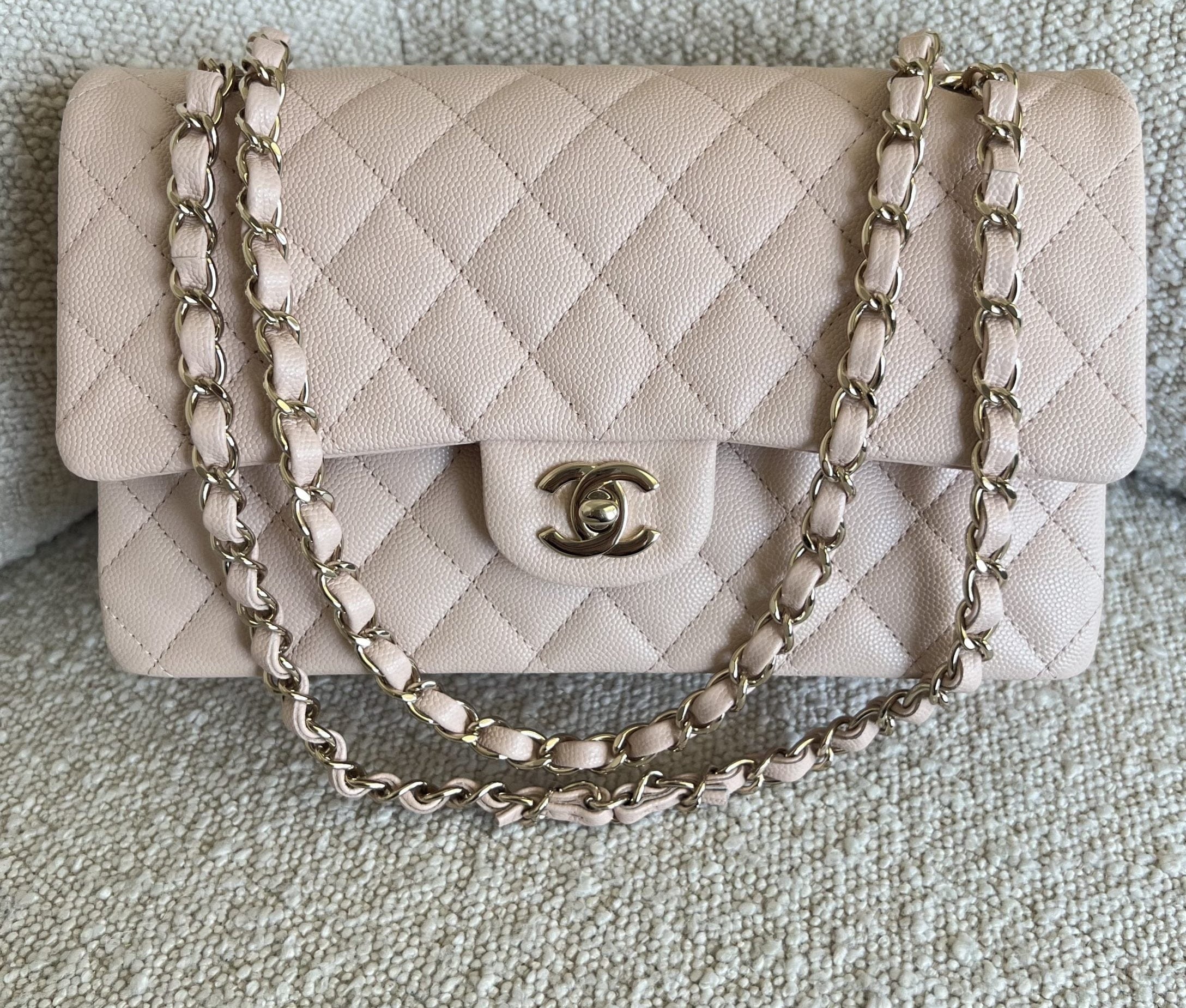 CHANEL Handbag 22C Light Beige Caviar Quilted Classic Flap Medium LGHW - Redeluxe