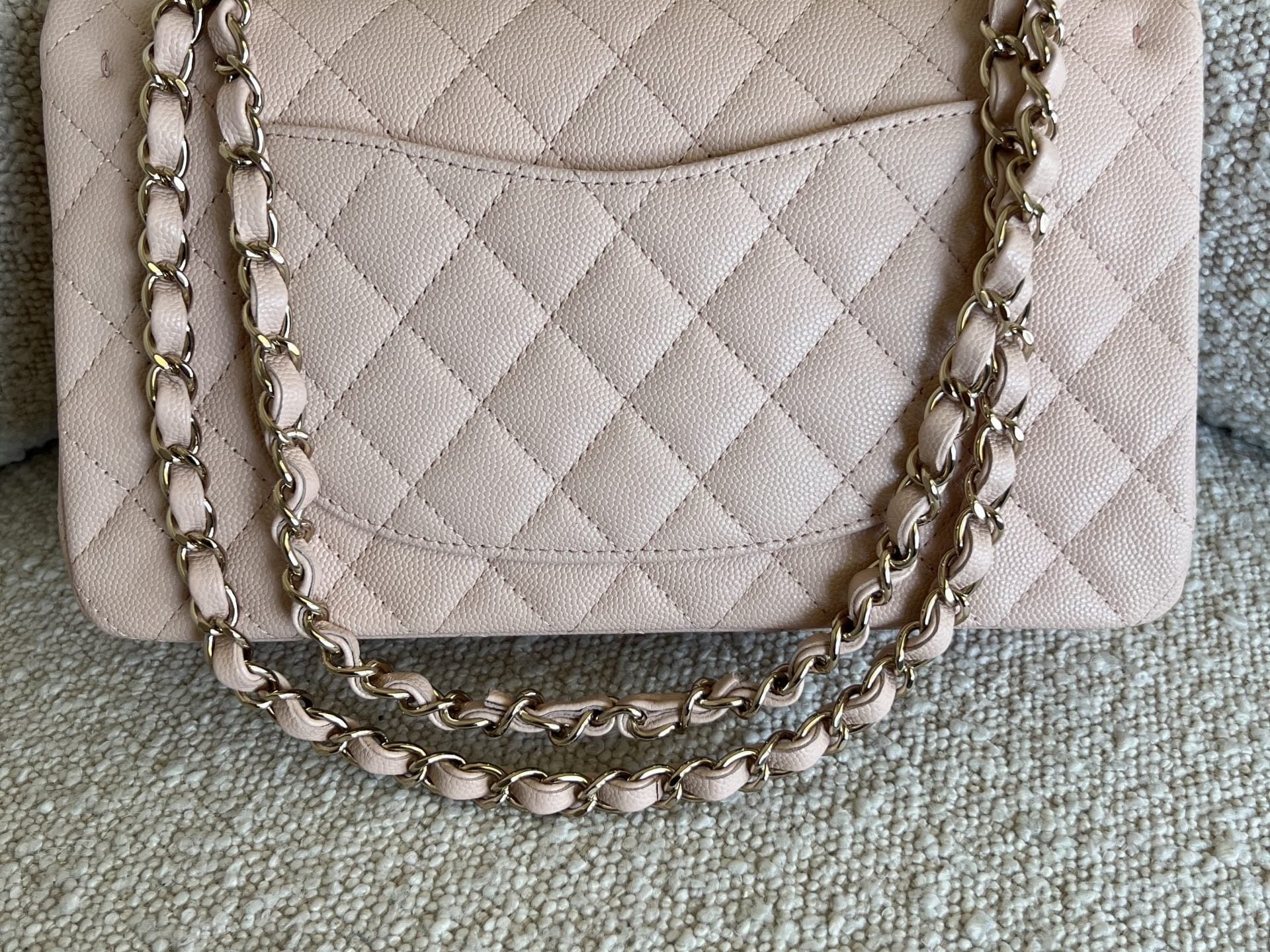 CHANEL Handbag 22C Light Beige Caviar Quilted Classic Flap Medium LGHW - Redeluxe