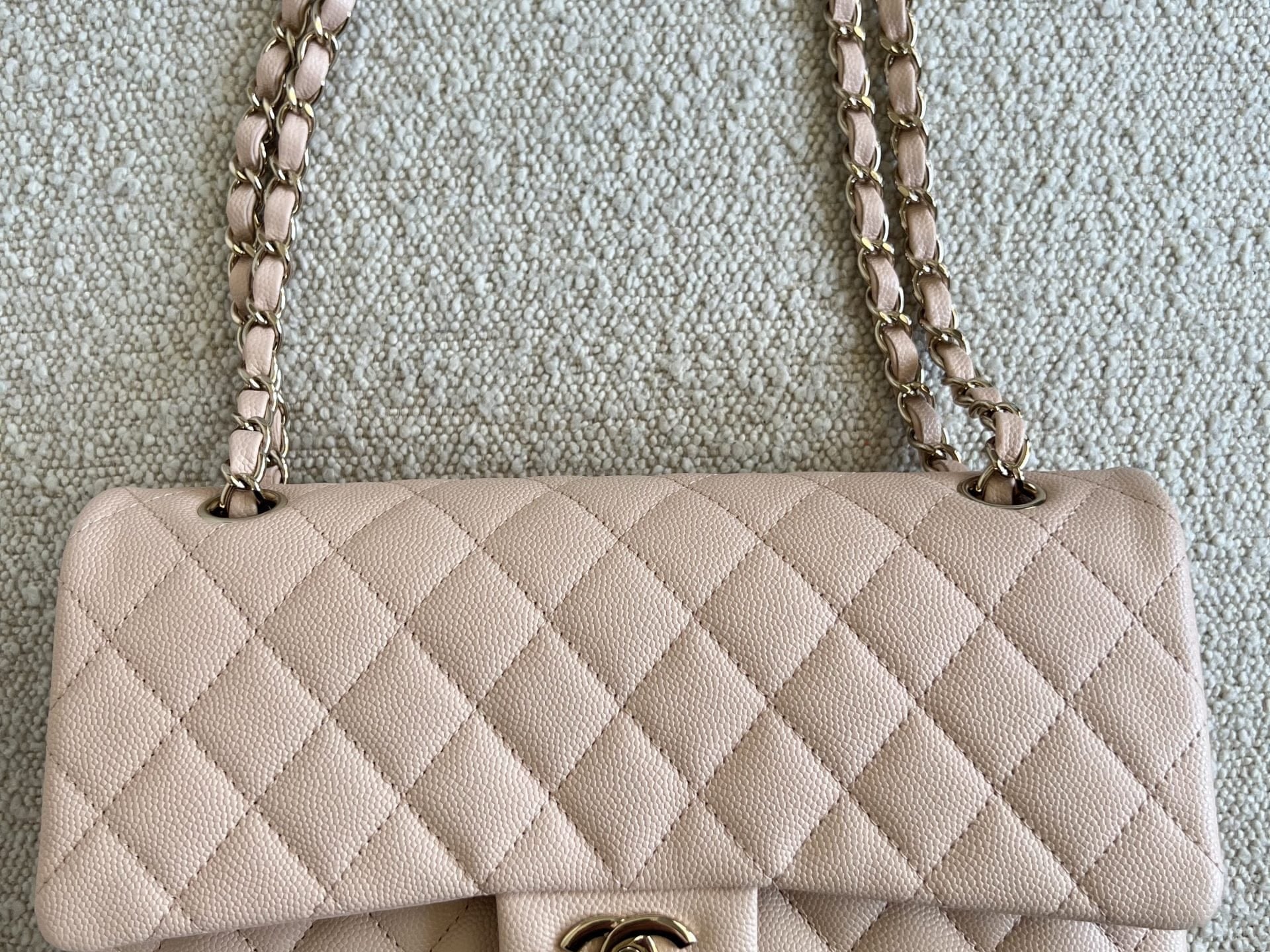 CHANEL Handbag 22C Light Beige Caviar Quilted Classic Flap Medium LGHW - Redeluxe