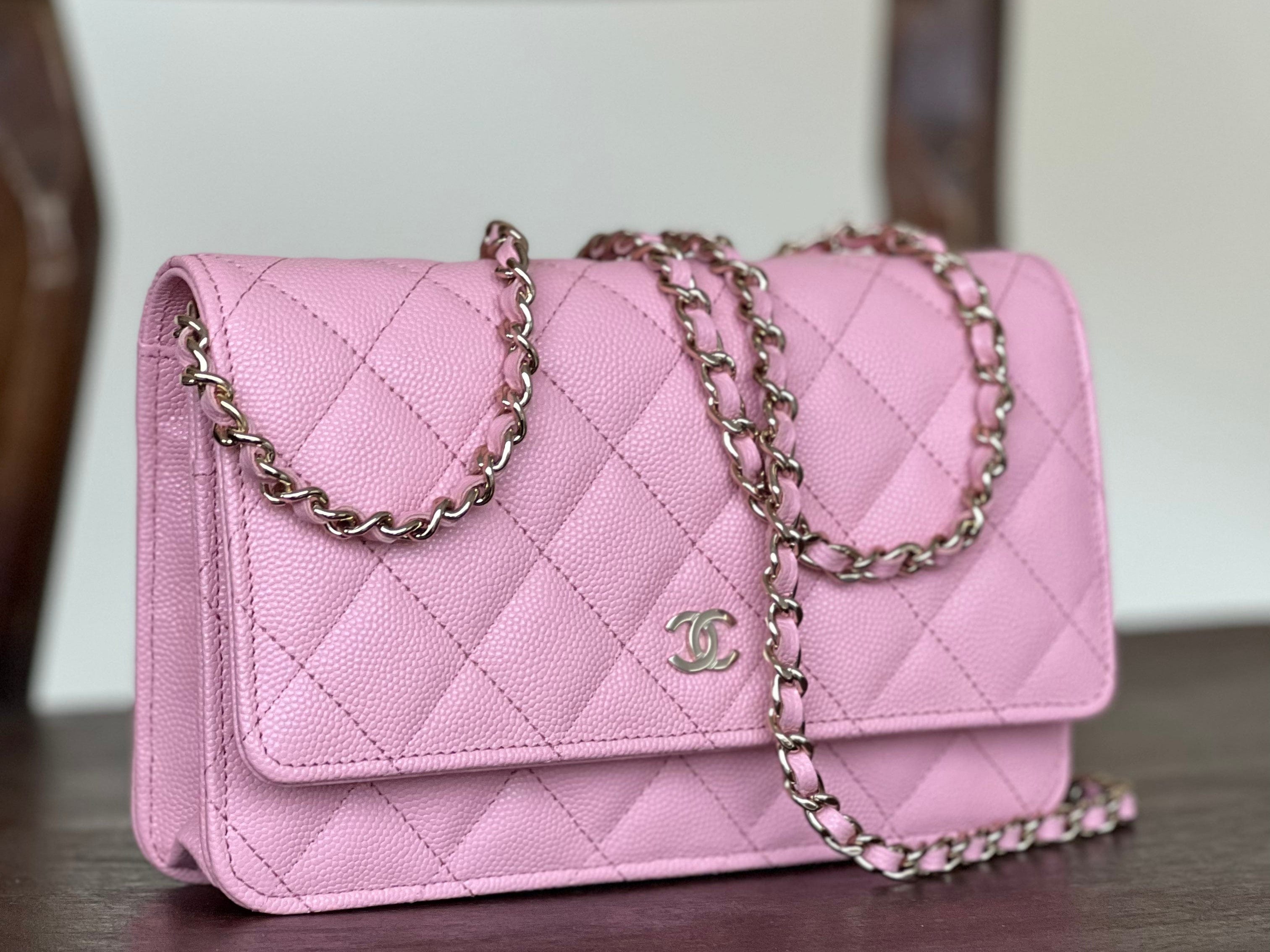 Chanel Handbag 22C LIGHT PINK CAVIAR QUILTED WALLET ON CHAIN LGHW (WOC) - Redeluxe