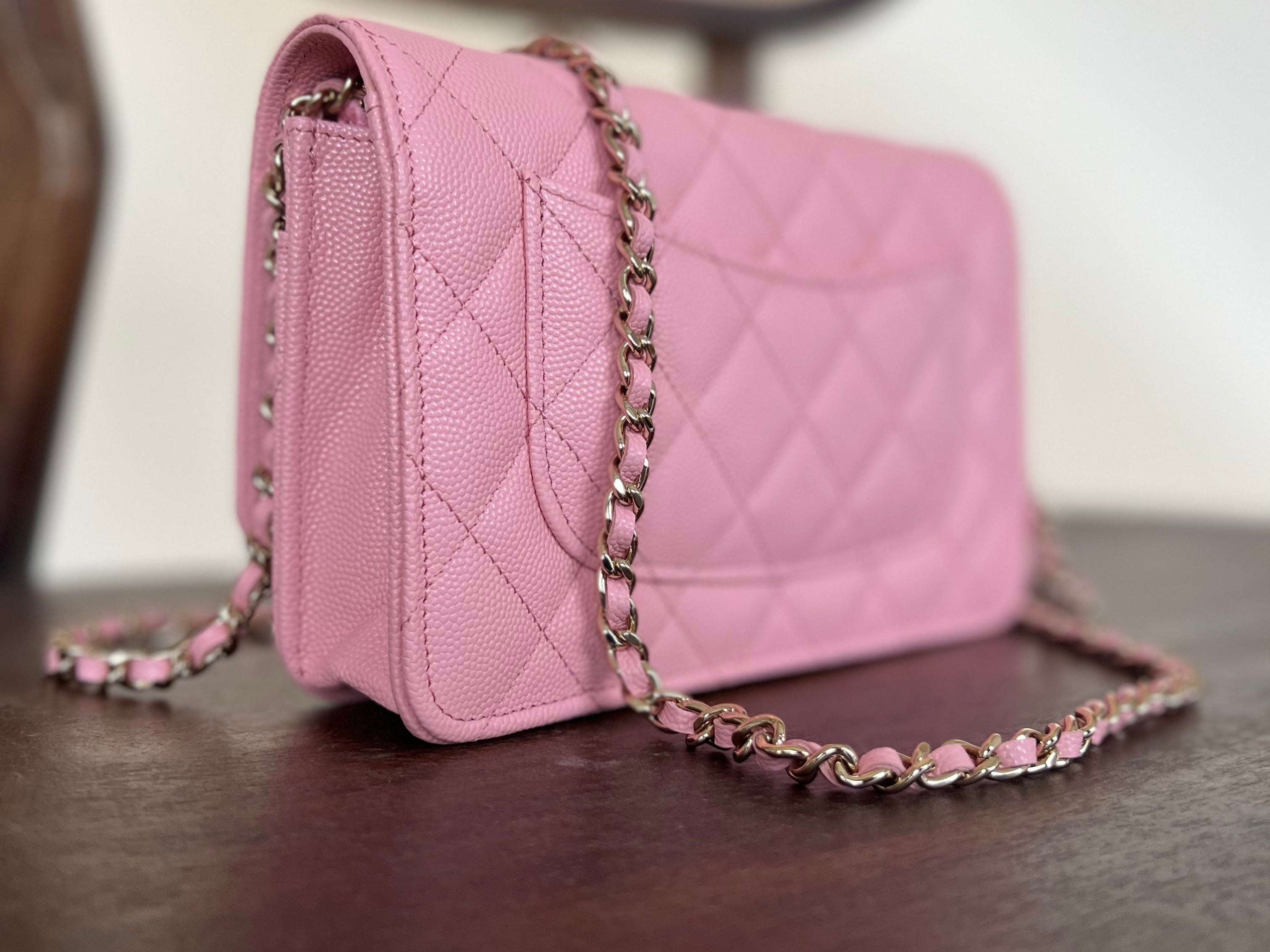 Chanel Handbag 22C LIGHT PINK CAVIAR QUILTED WALLET ON CHAIN LGHW (WOC) - Redeluxe