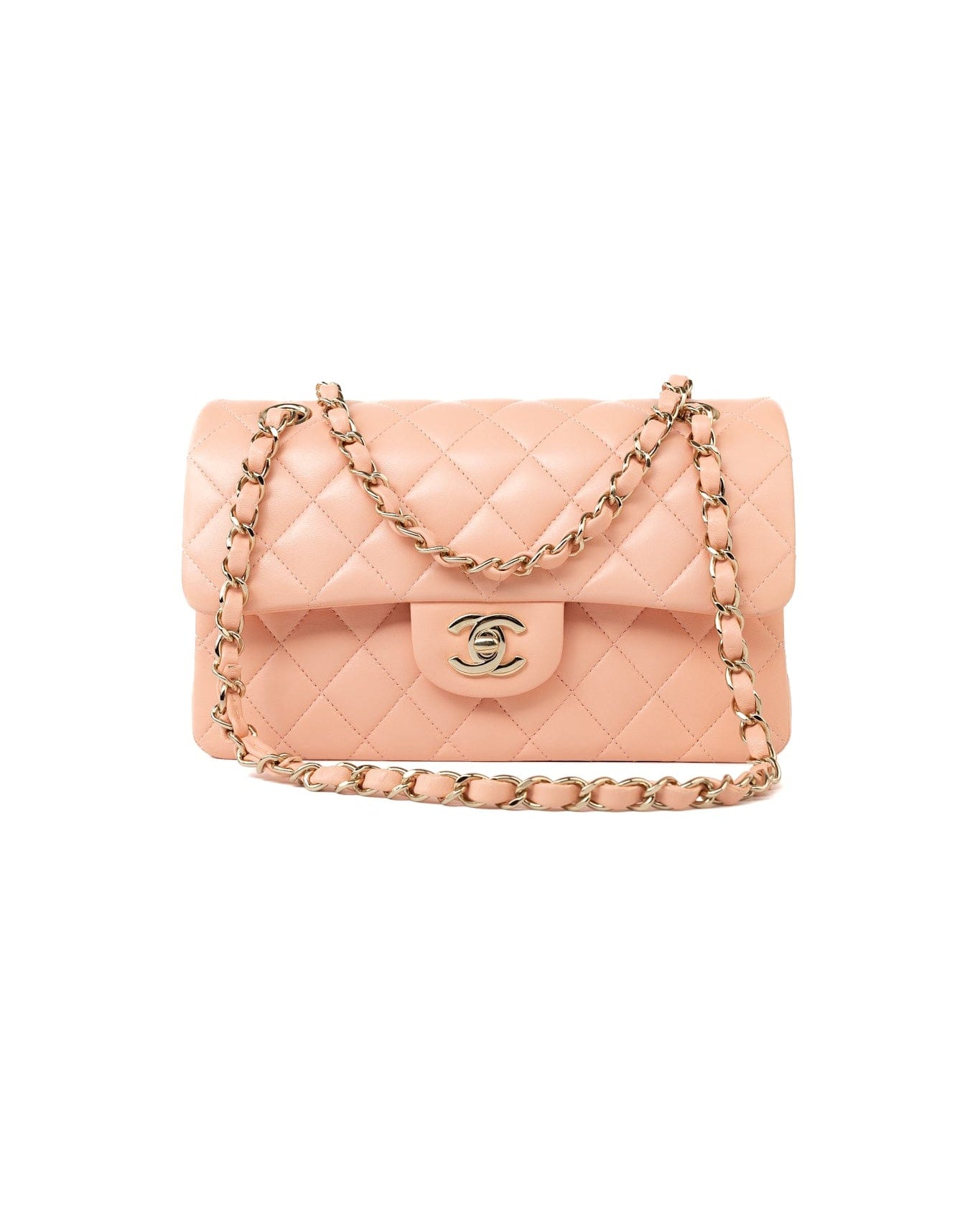 CHANEL Handbag 22C Rose Clair Pink/ Beige Lambskin Quilted Small Double Flap Light Gold Hardware - Redeluxe