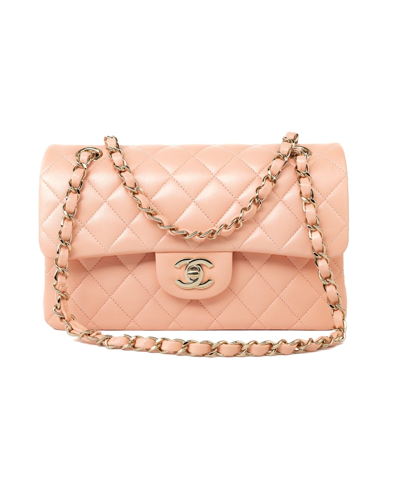 CHANEL Handbag 22C Rose Clair Pink/ Beige Lambskin Quilted Small Double Flap Light Gold Hardware - Redeluxe