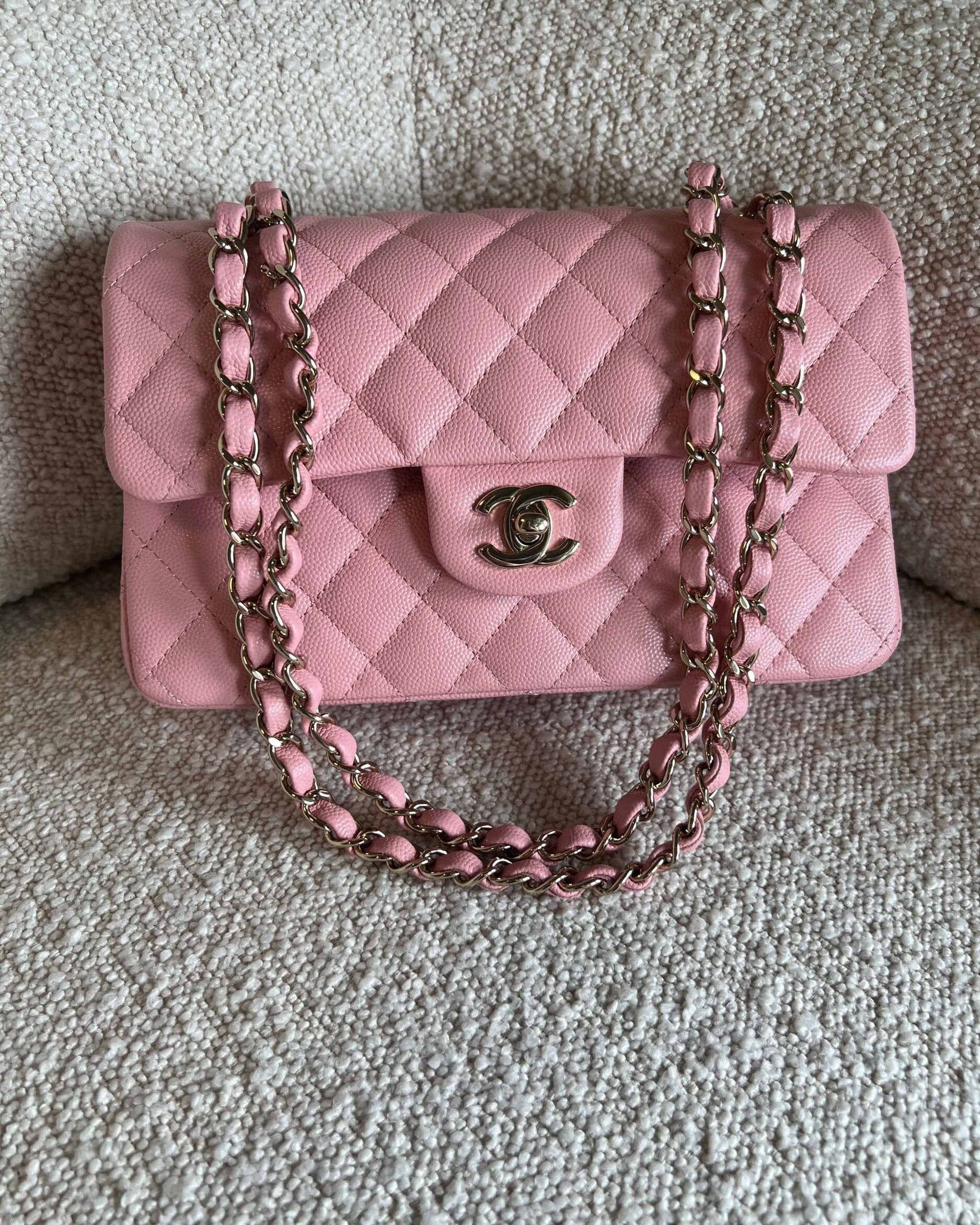 CHANEL Handbag 22C Sakura Pink Caviar Quilted Classic Flap Small LGHW - Redeluxe