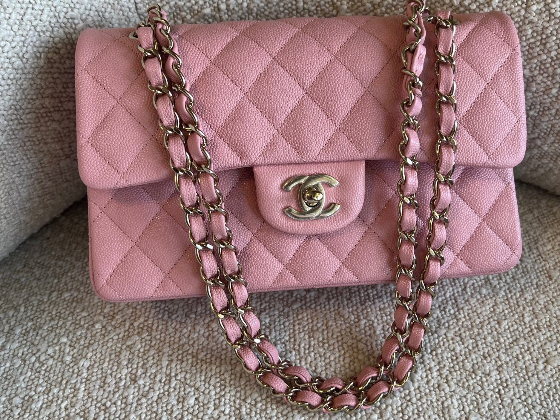 CHANEL Handbag 22C Sakura Pink Caviar Quilted Classic Flap Small LGHW - Redeluxe