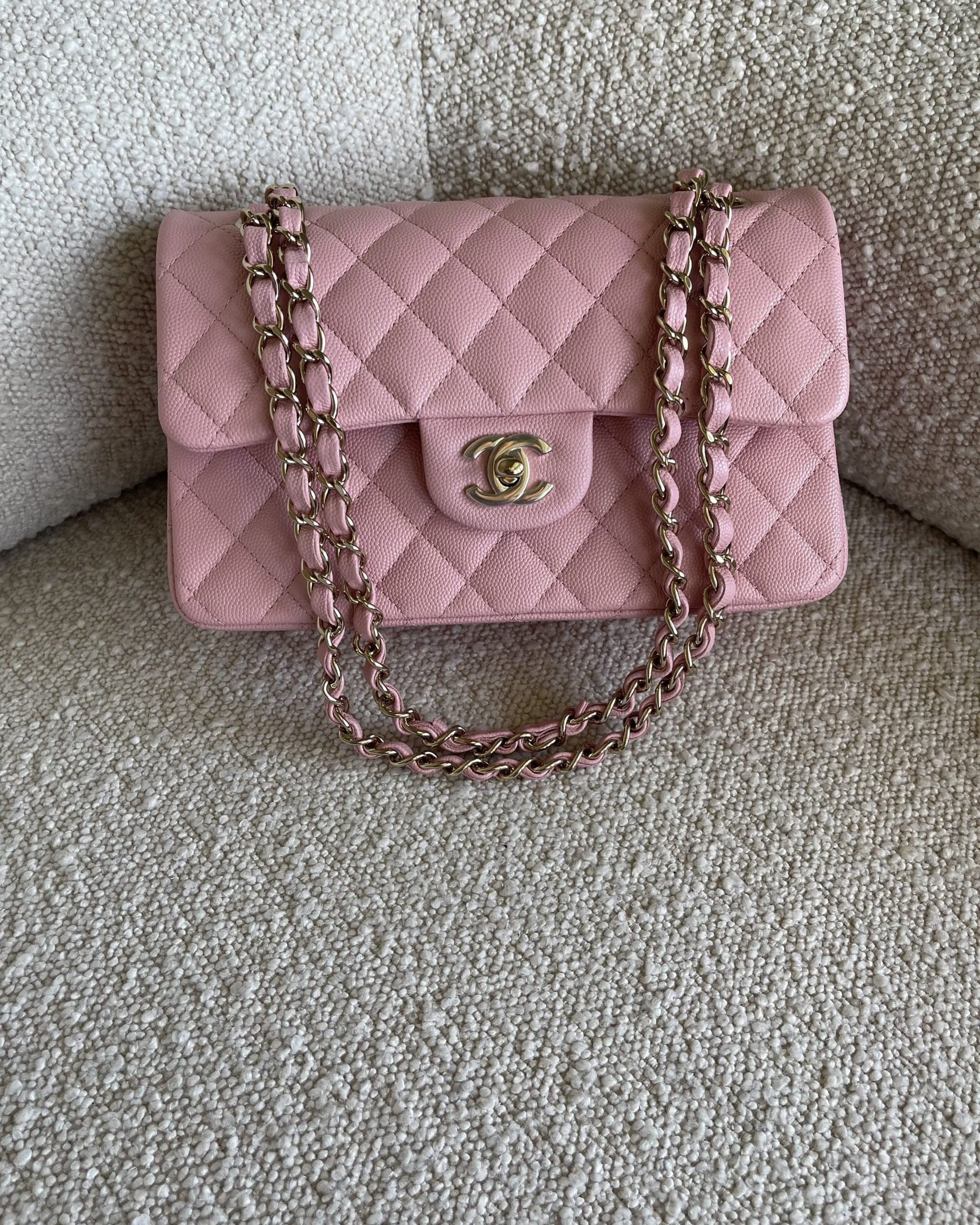 CHANEL Handbag 22C Sakura Pink Caviar Quilted Classic Flap Small LGHW - Redeluxe