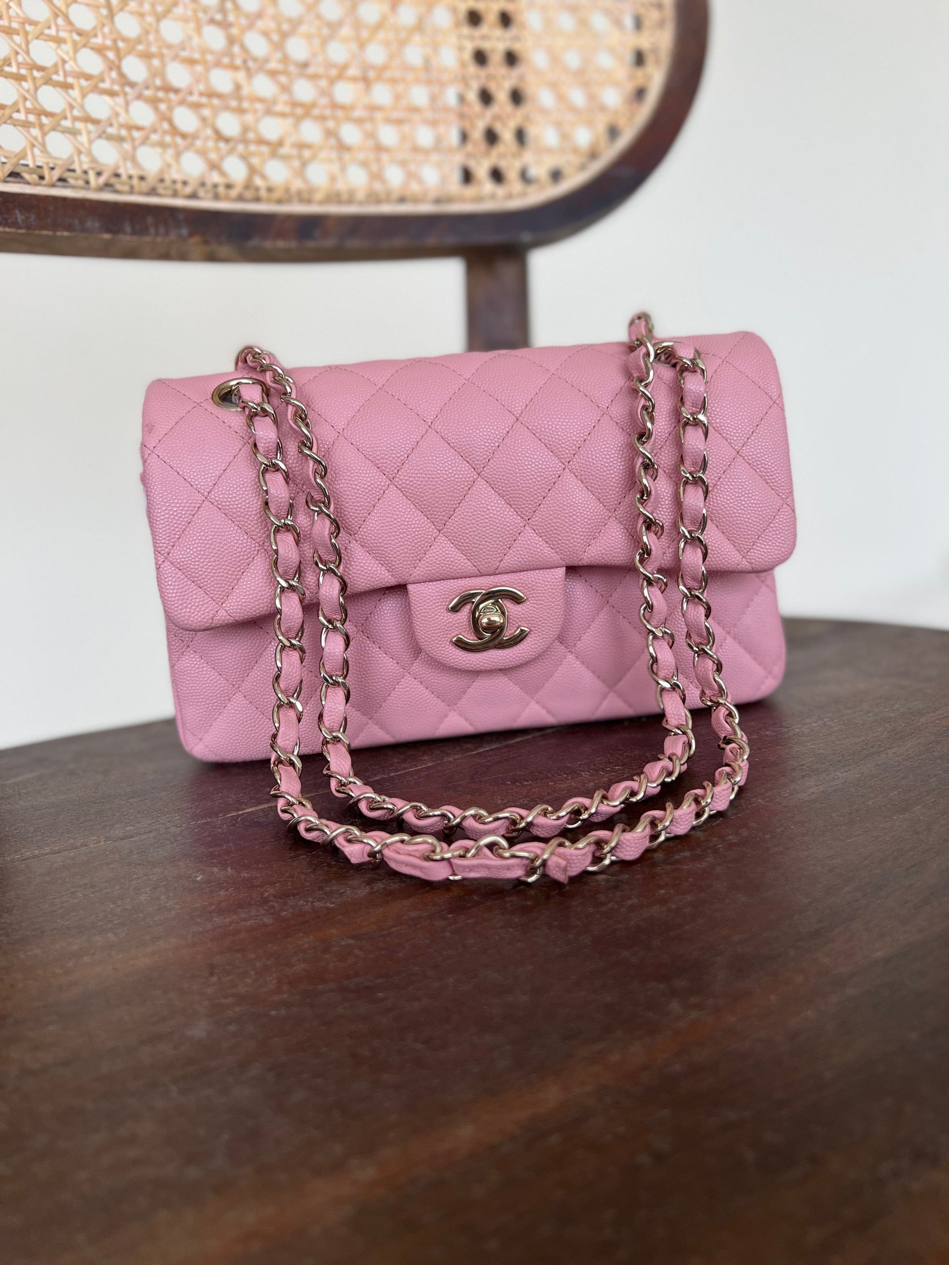 22C Sakura Pink Caviar Quilted Classic Flap Small LGHW REDELUXE