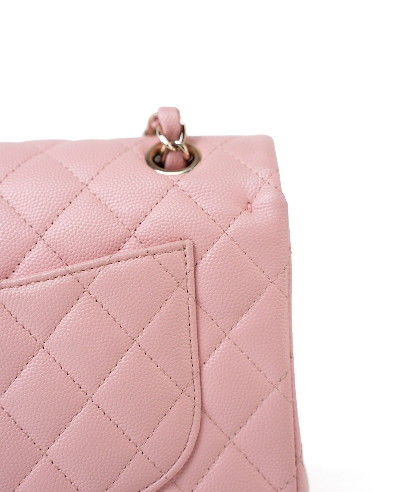 CHANEL Handbag 22C Sakura Pink Small Caviar Quilted Classic Flap Light Gold Hardware - Redeluxe