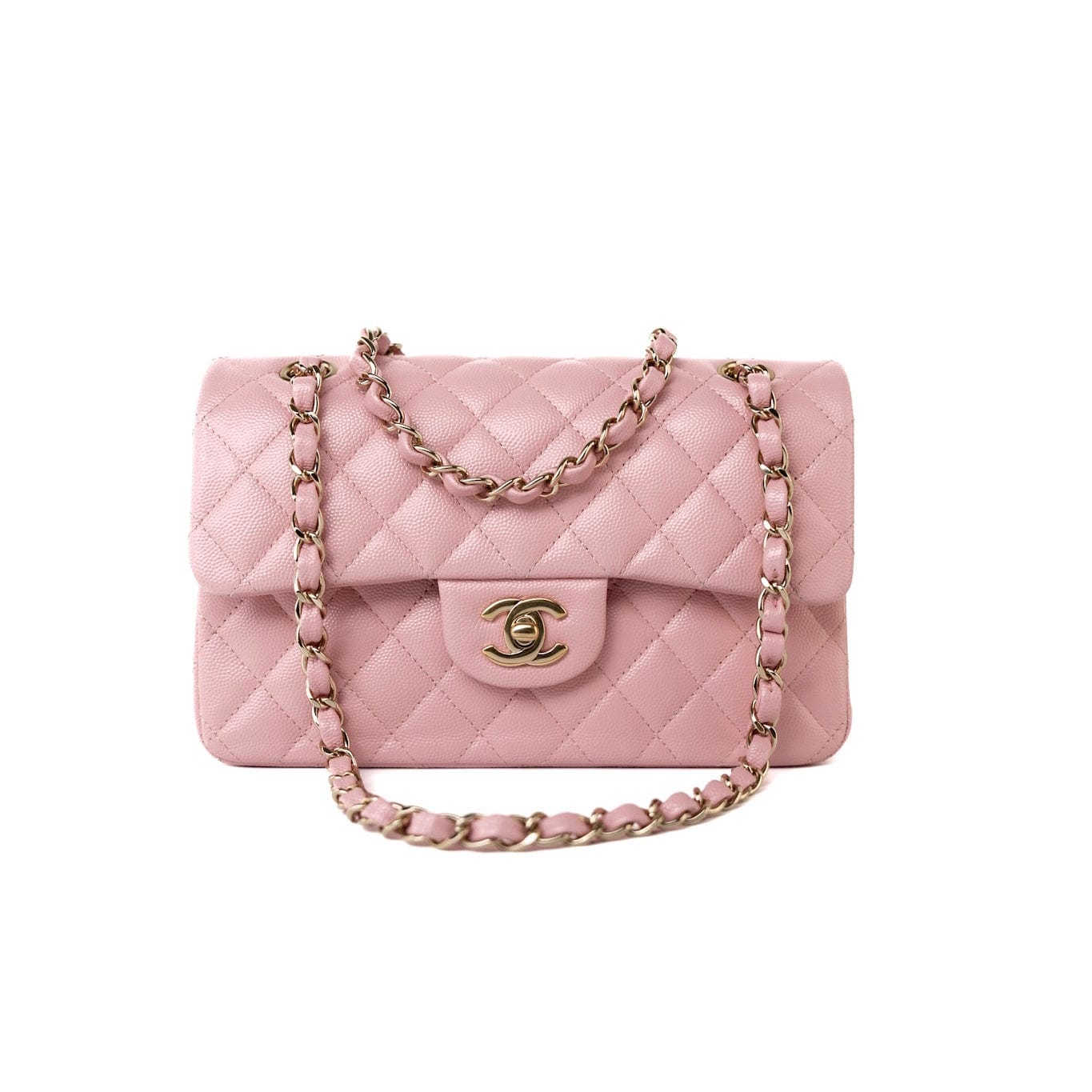 CHANEL Handbag 22C Sakura Pink Small Caviar Quilted Classic Flap Light Gold Hardware - Redeluxe