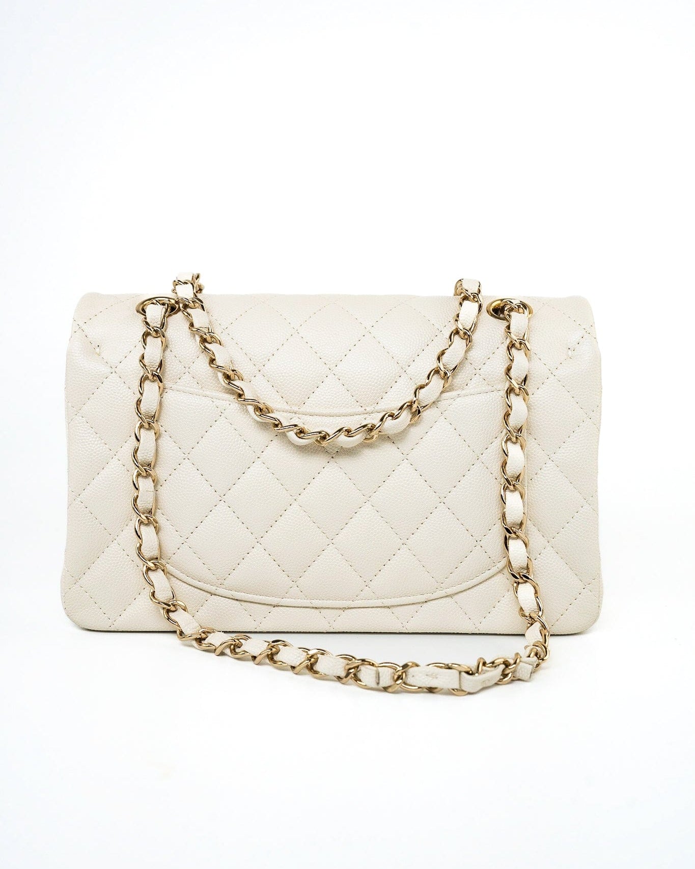 CHANEL Handbag 22C White Caviar Quilted Classic Flap Small Light Gold Hardware - Redeluxe