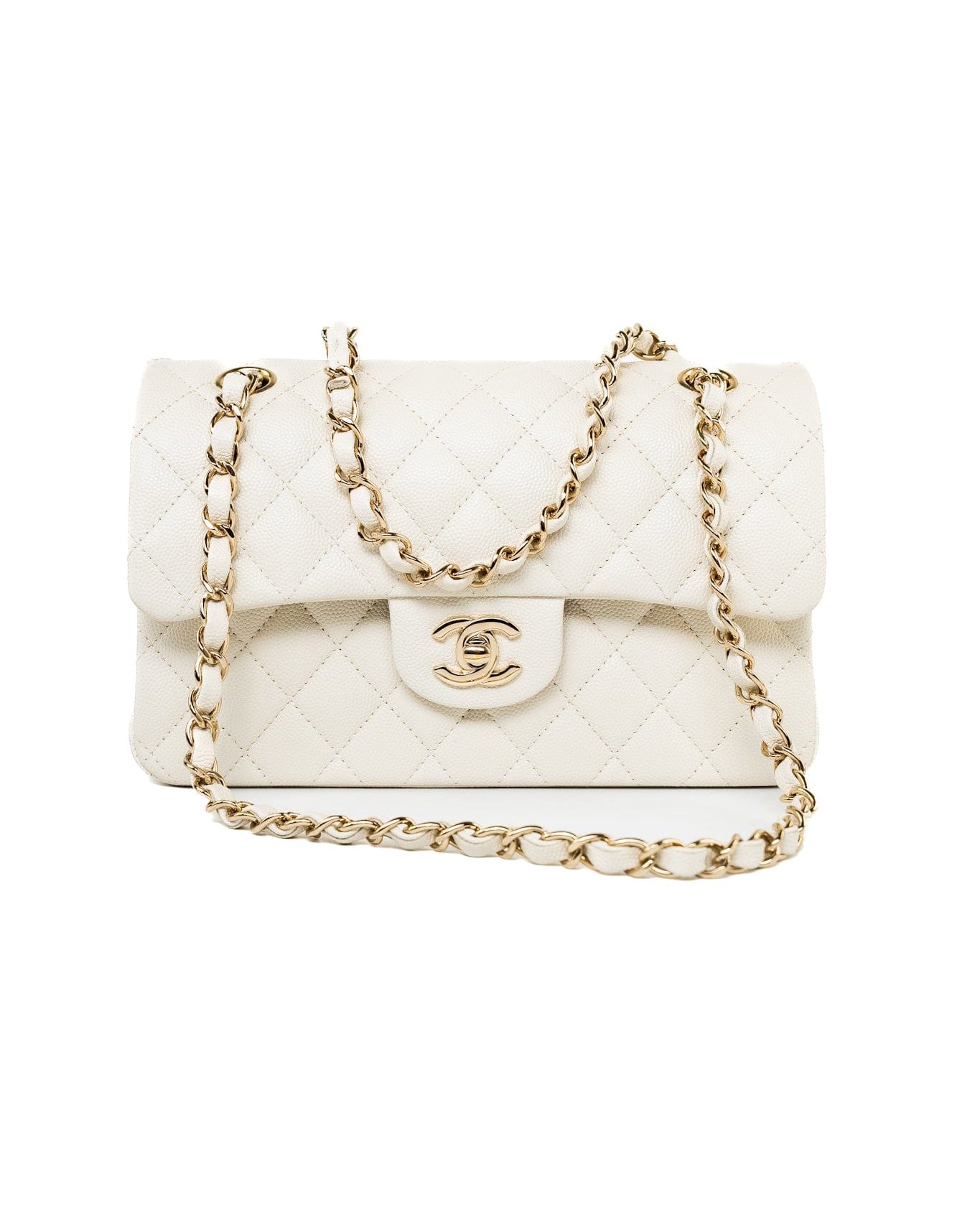 CHANEL Handbag 22C White Caviar Quilted Classic Flap Small Light Gold Hardware - Redeluxe