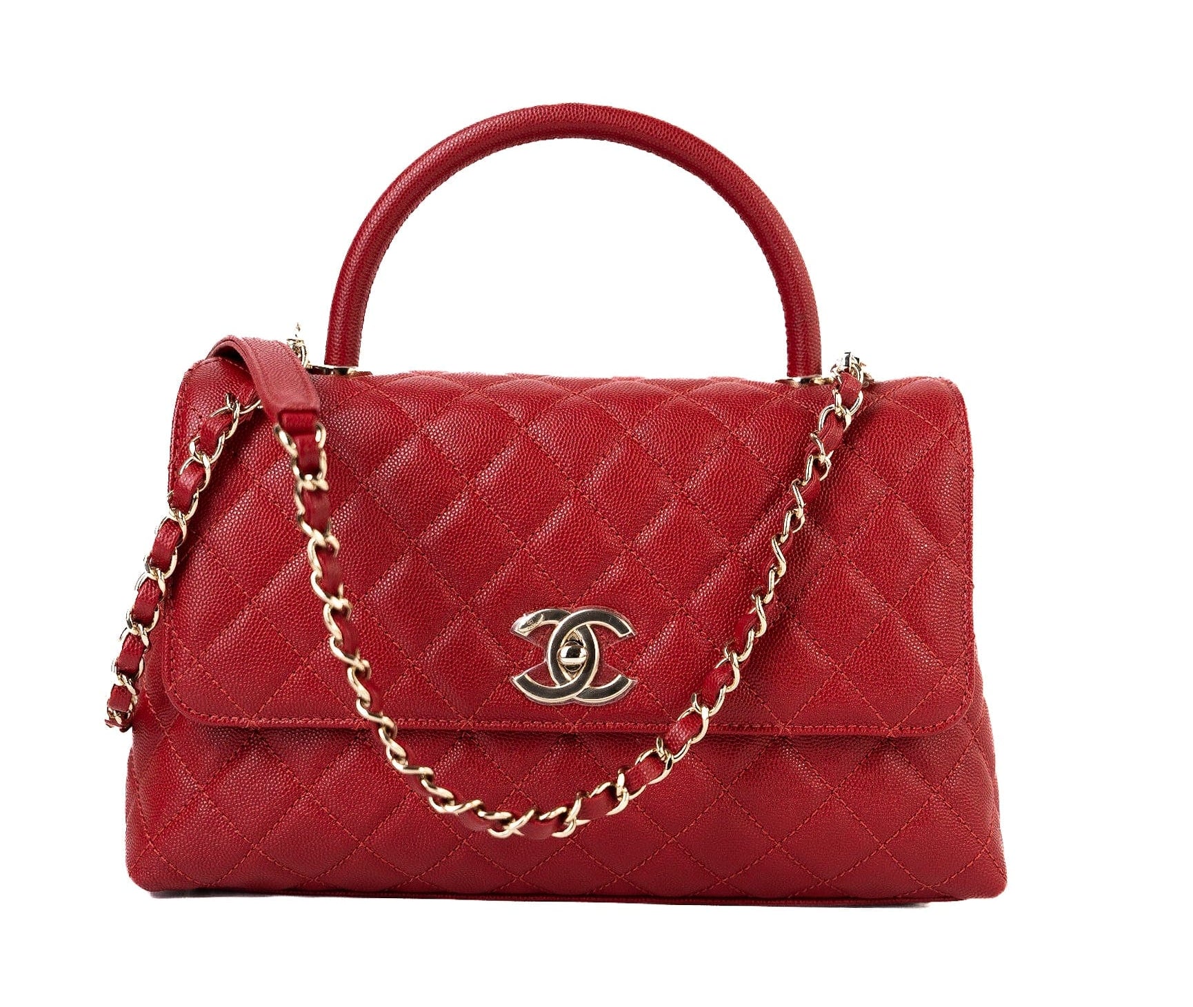 CHANEL Handbag 22K Red Caviar Quilted Coco Handle Medium (Old Small) Light Gold Hardware - Redeluxe