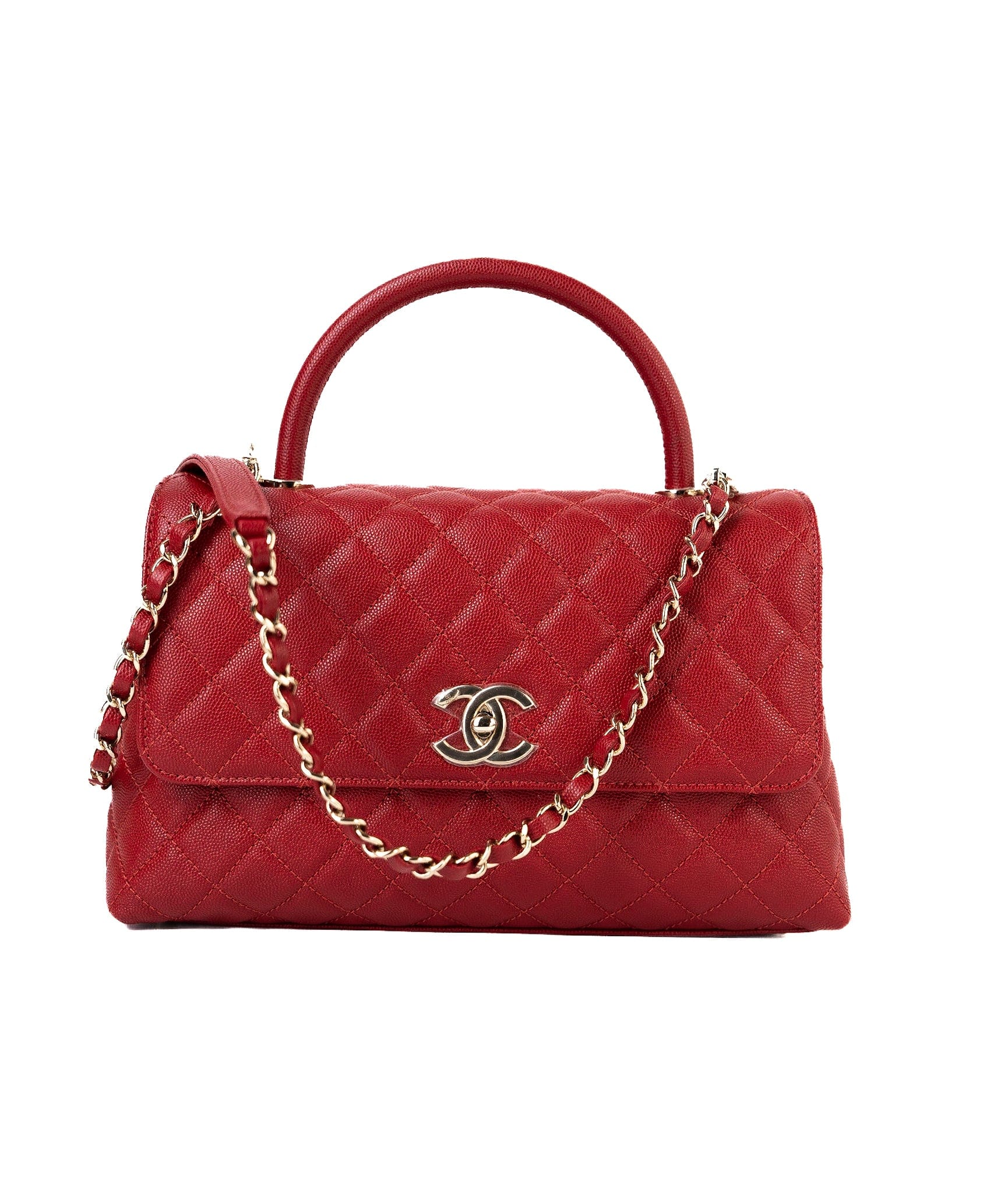 CHANEL Handbag 22K Red Caviar Quilted Coco Handle Medium (Old Small) Light Gold Hardware - Redeluxe