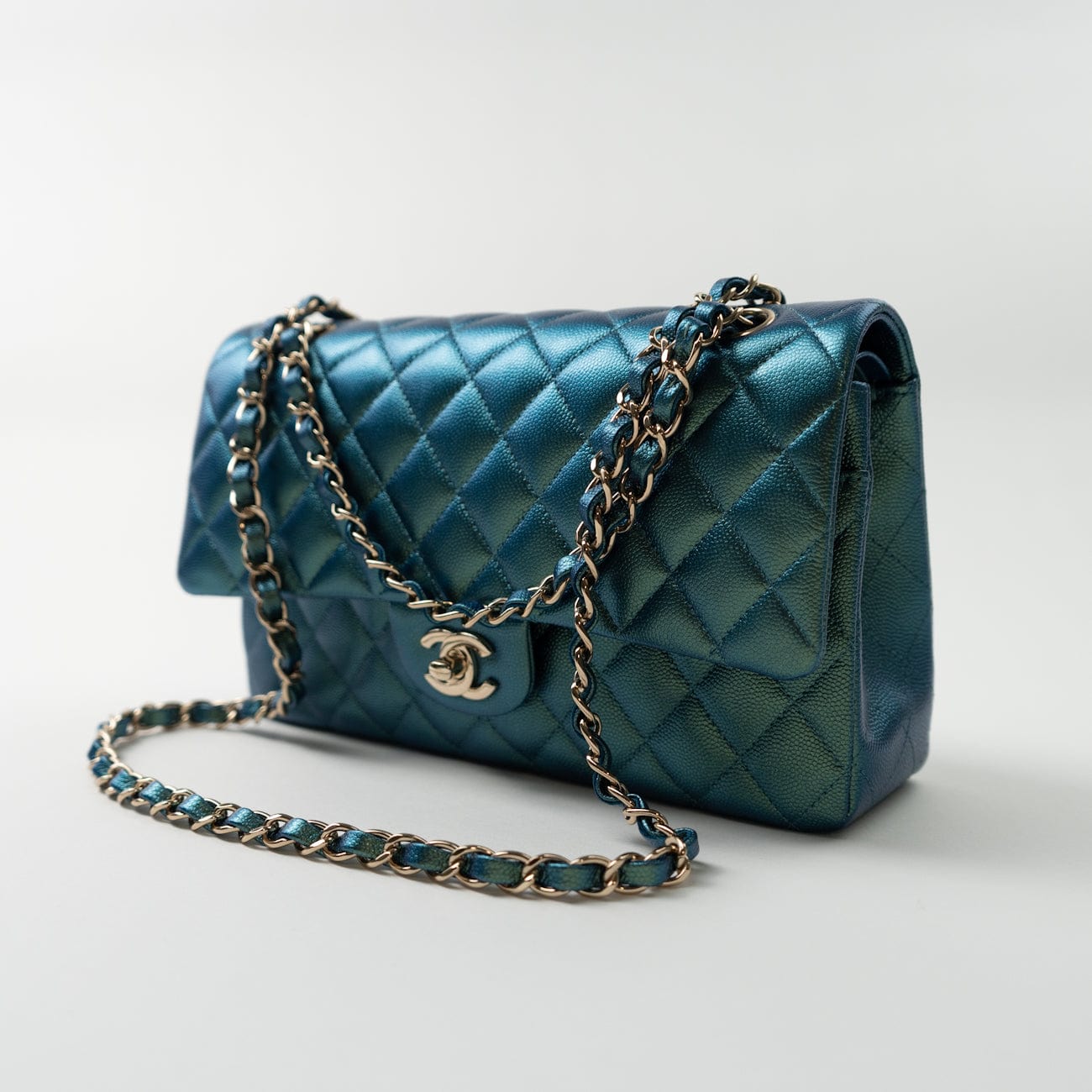 CHANEL Handbag 22P Iridescent Green Caviar Quilted Classic Flap Medium Light Gold Hardware - Redeluxe